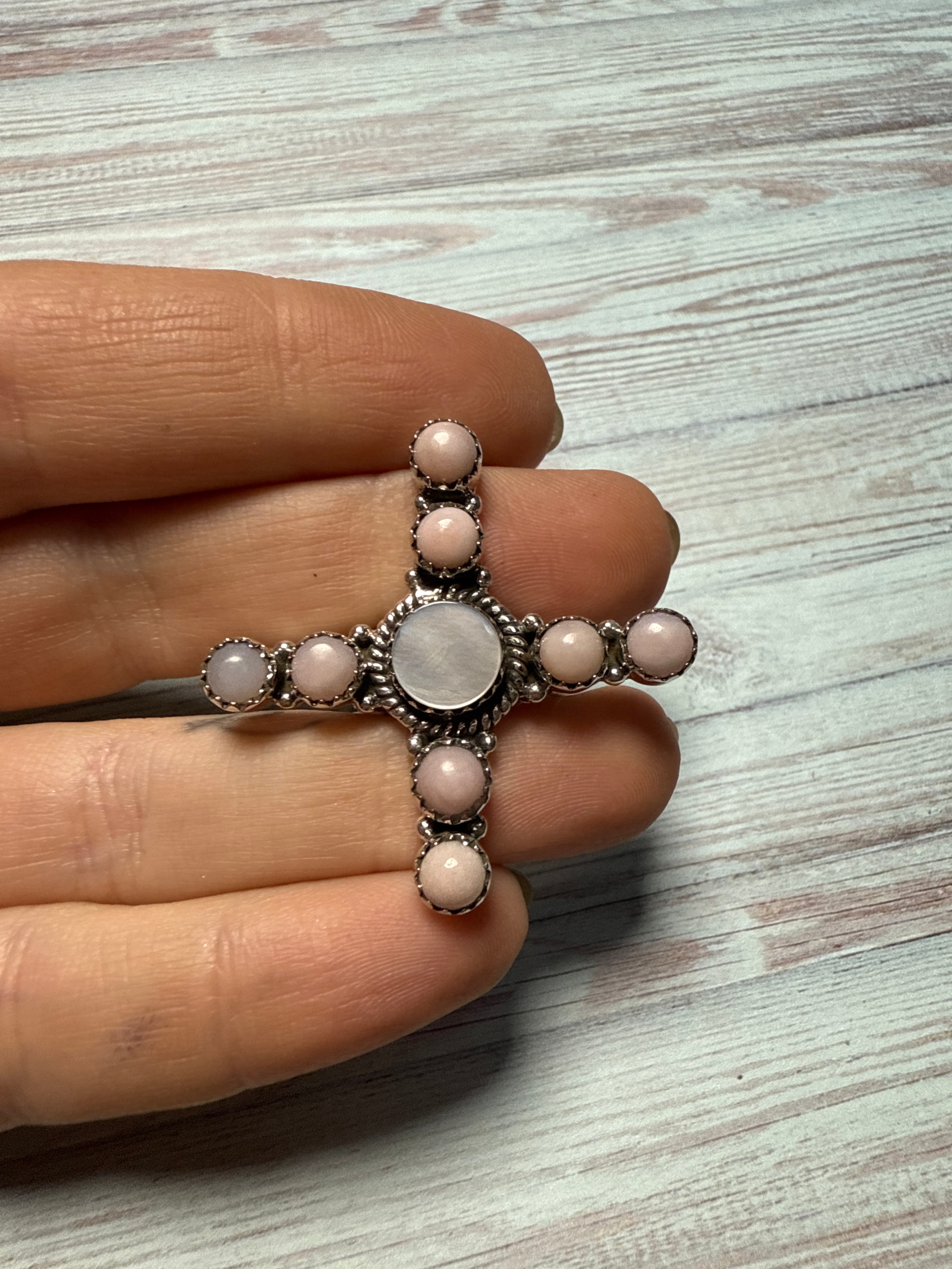 Handmade Pink Conch, Mother of Pearl, Sterling Silver Adjustable Ring