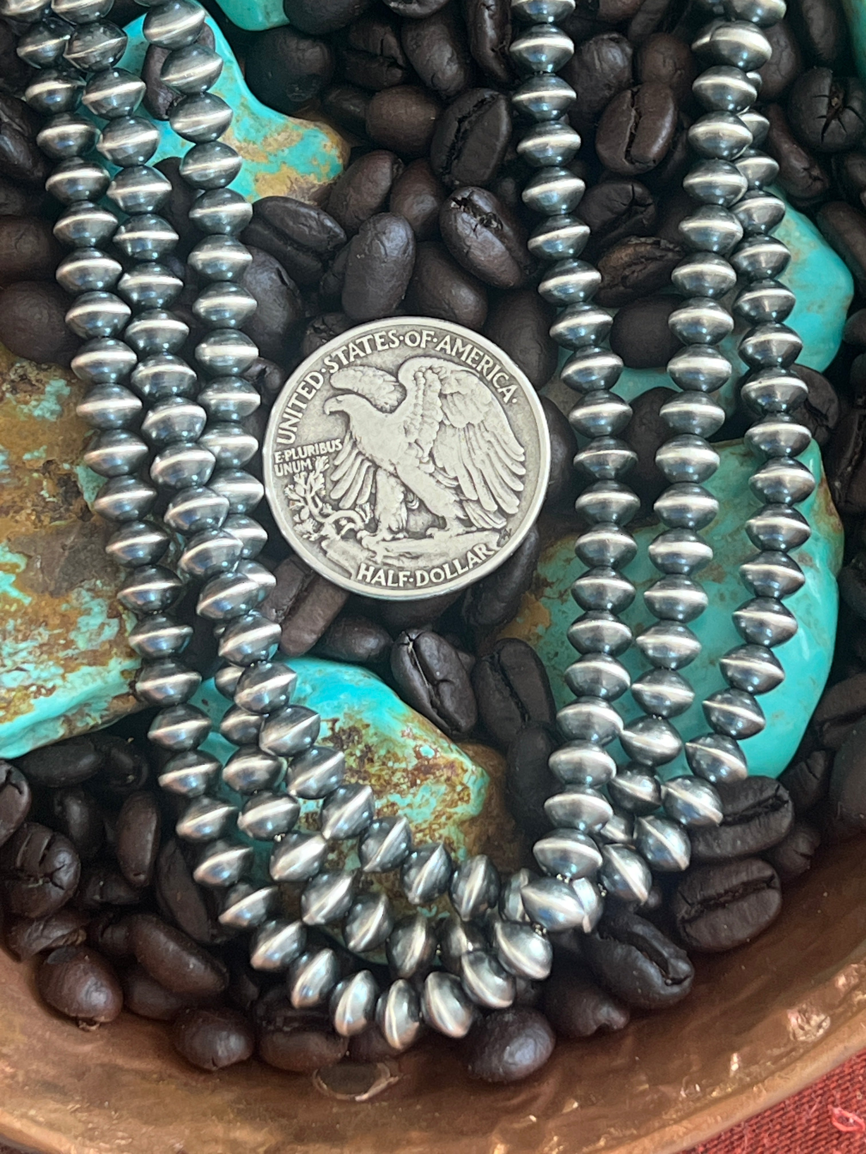 Vinita Cowboy 6.5mm Handmade Sterling Silver Navajo Saucer Pearl Necklaces, 20 inches