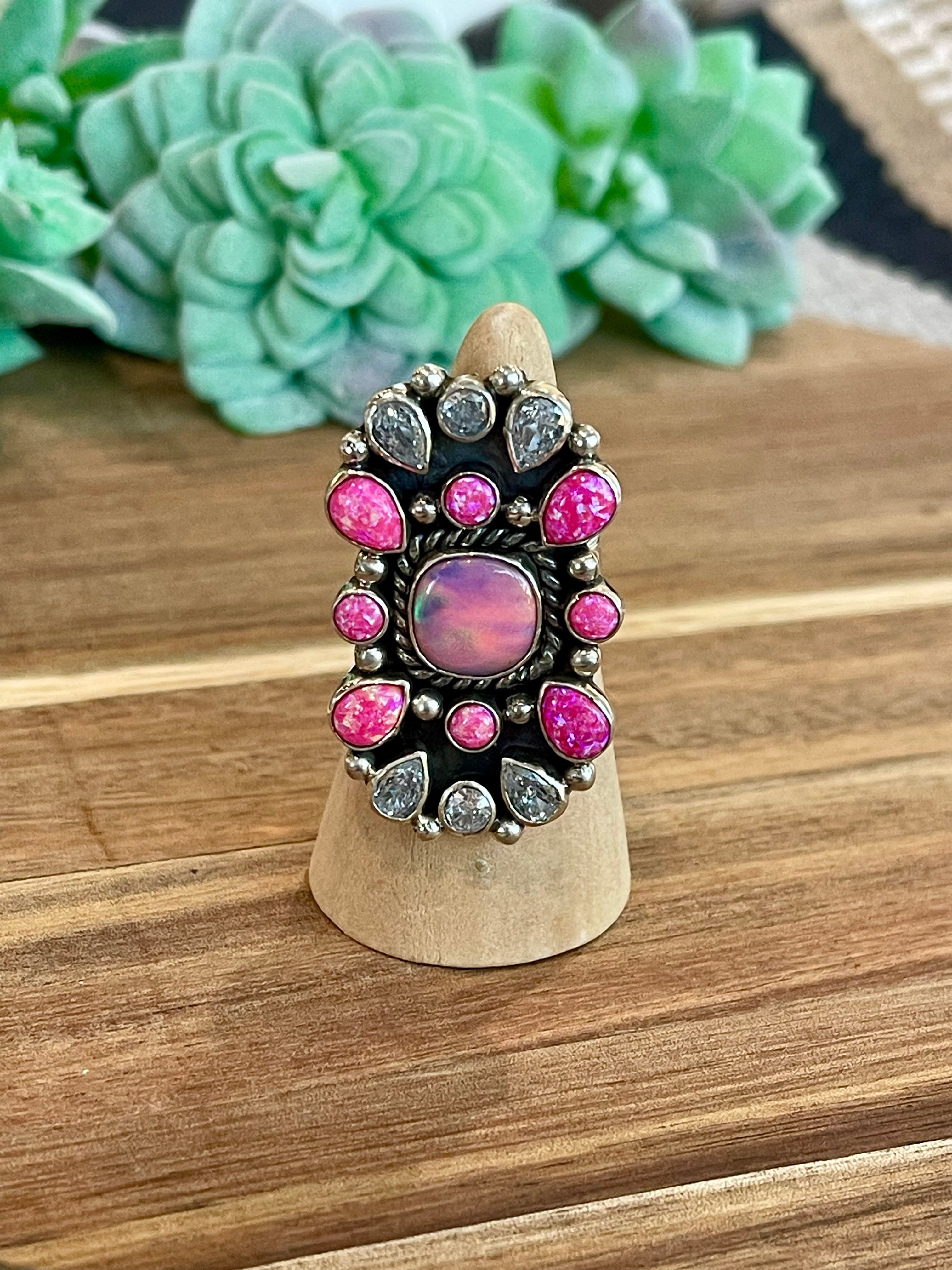 Handmade Pink Fire Opal, Opal, Cubic Zirconia And Sterling Silver Adjustable Ring Signed Nizhoni