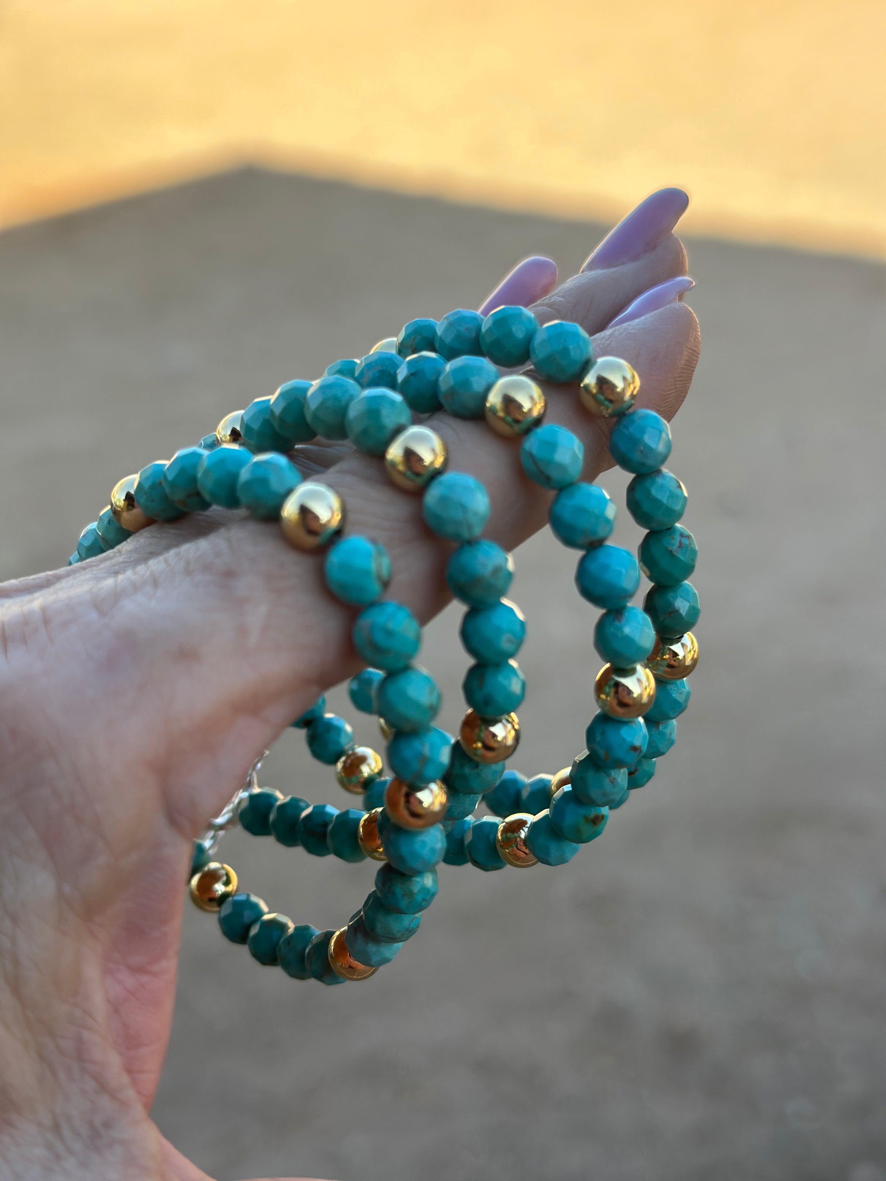 Handcrafted Sterling Silver with 14kt Gold Overlay Kingman Turquoise Beaded Bracelet
