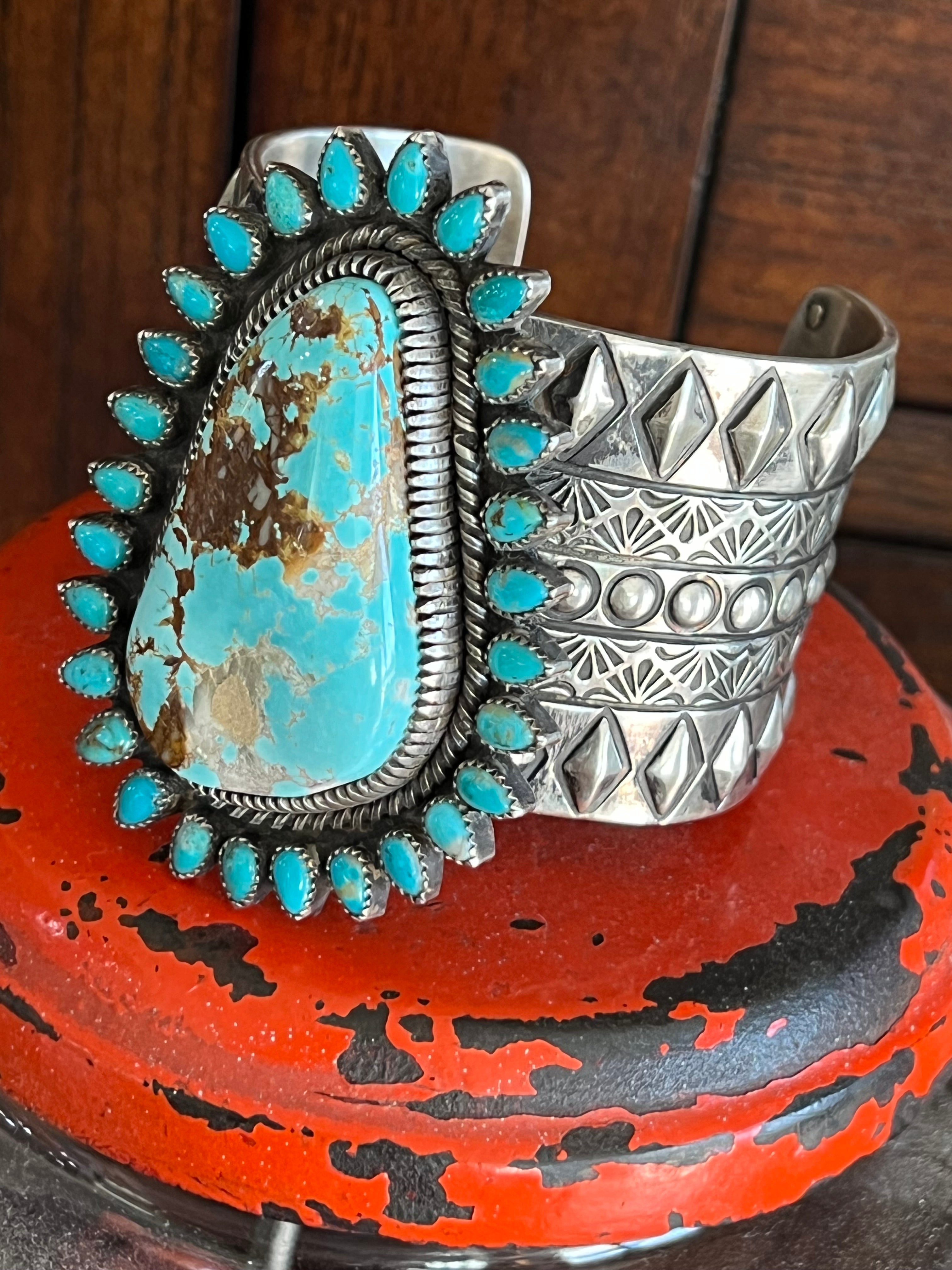 Sterling Silver & Royston Turquoise Cluster Cuff Bracelet by Glenn Livingston