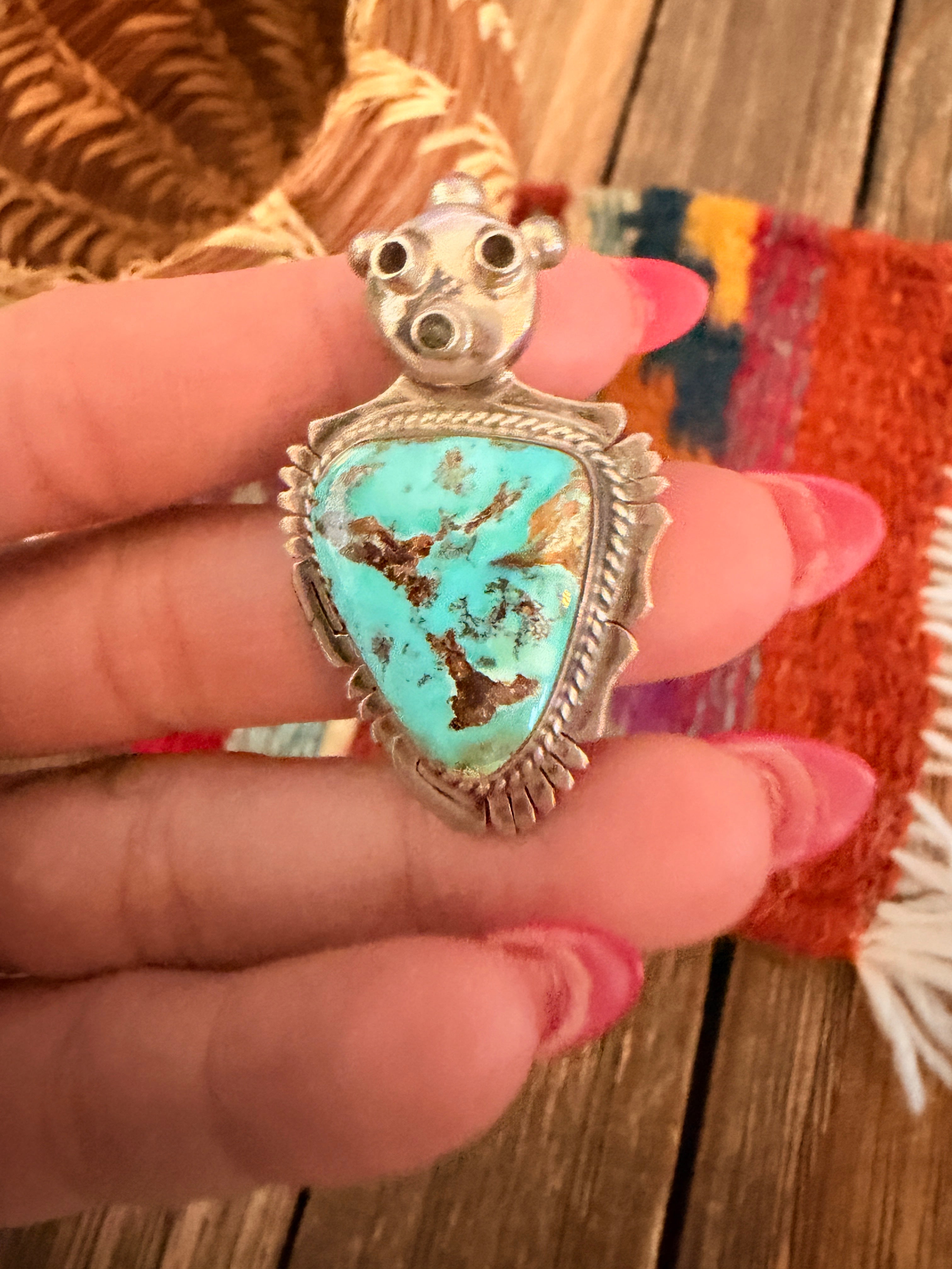 Old Pawn Handcrafted Turquoise and Sterling Silver Yei Symbol Brooch/ Pendant by Bennie Ration