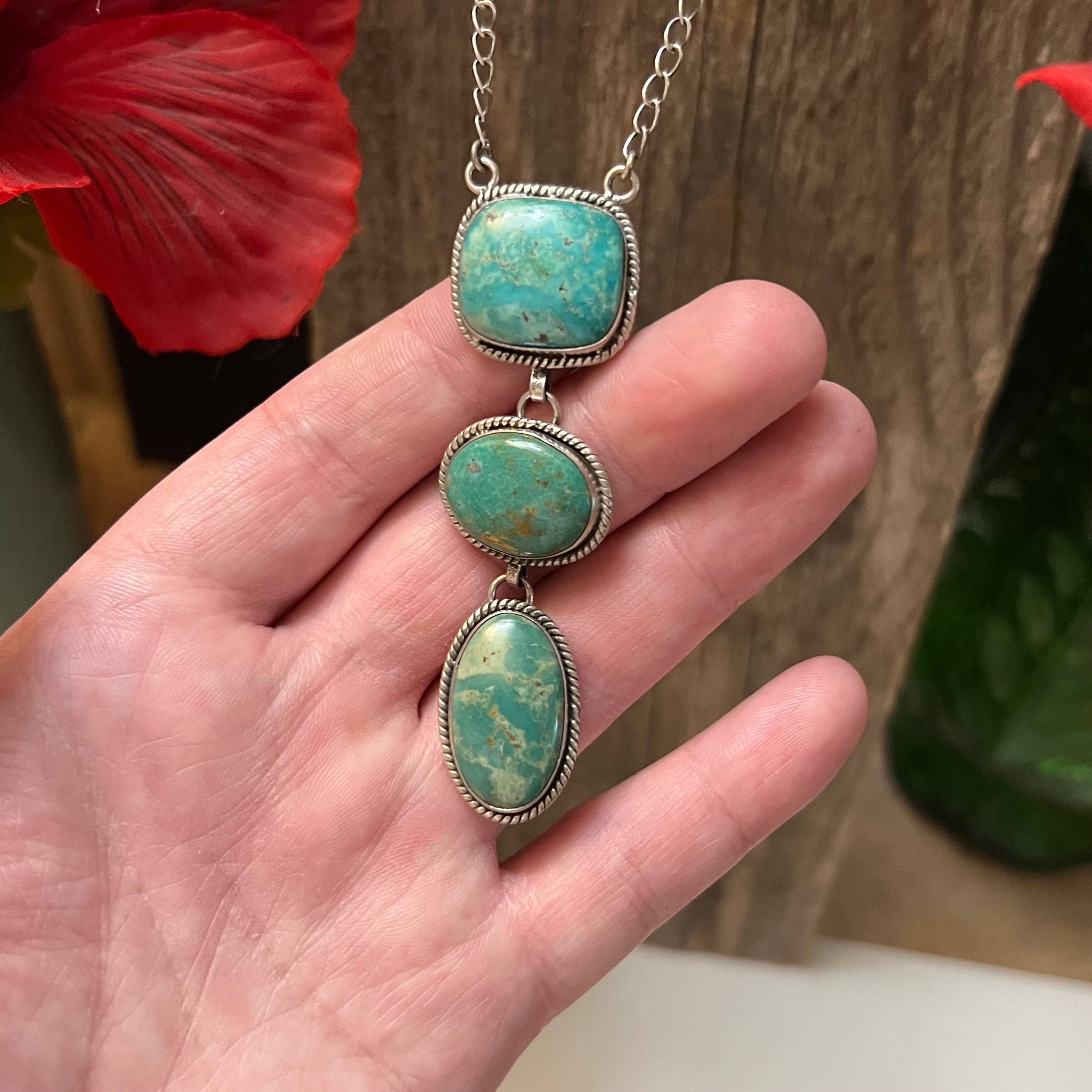 Handmade 3 Stone Turquoise & Sterling Silver Drop Necklace (03)