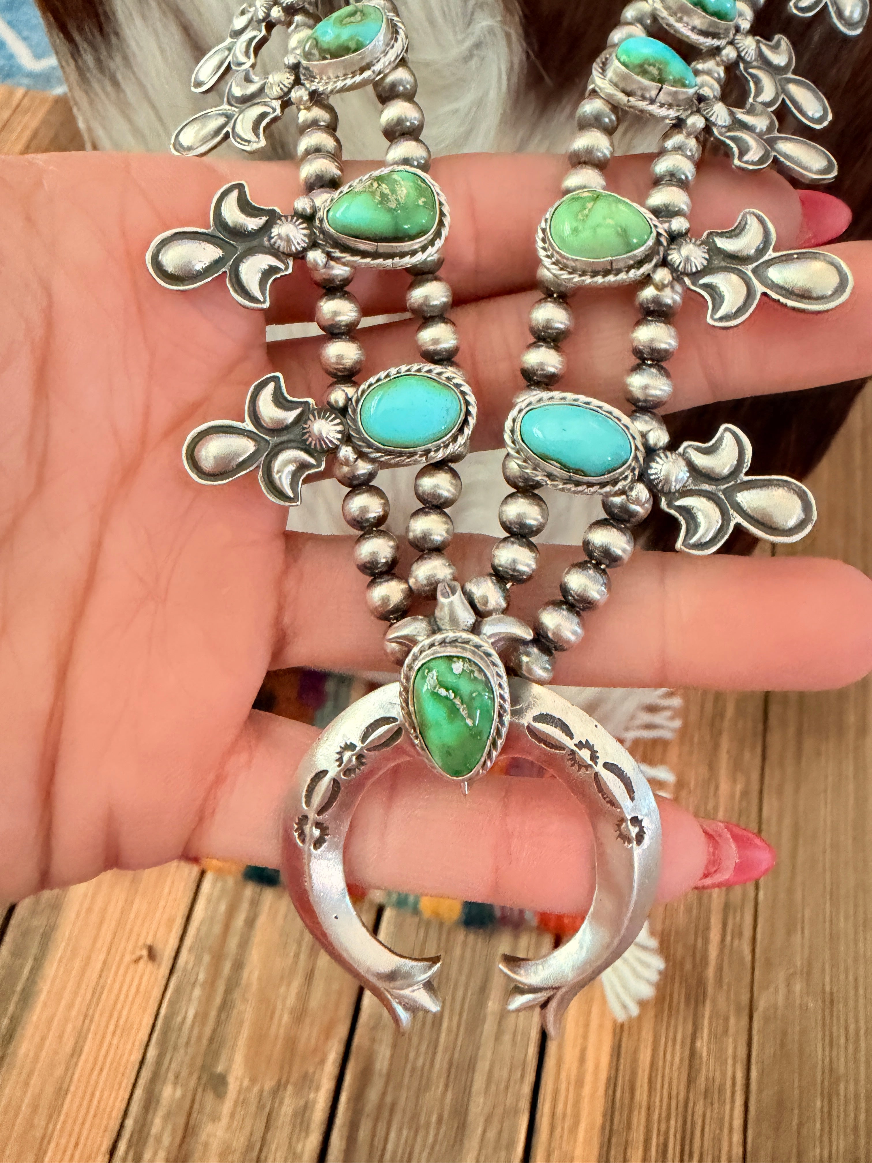 Handcrafted Sonoran Mountain Turquoise & Sterling Silver Beaded Squash Blossom Necklace by Adrienne Gordon
