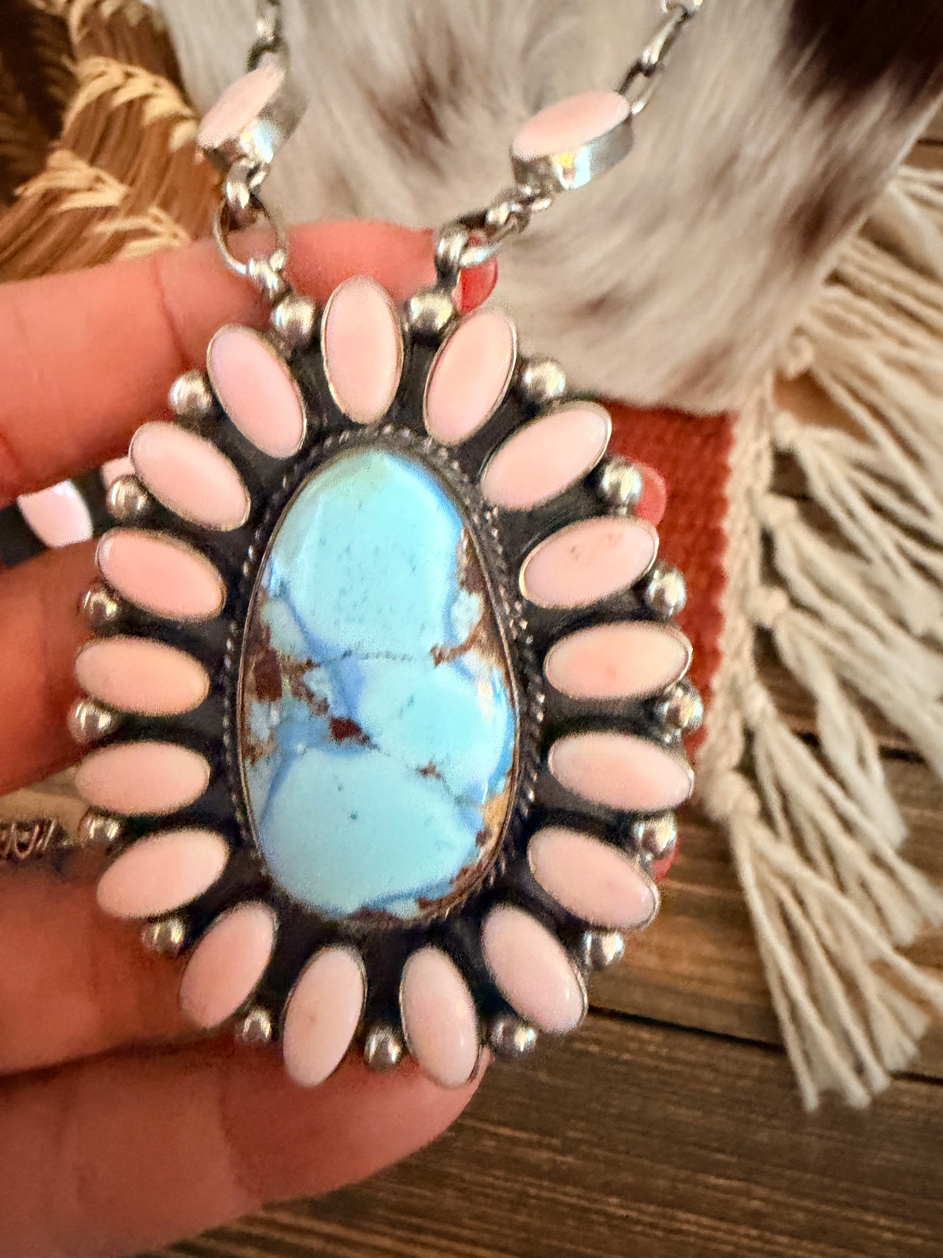 Handcrafted Queen Pink Conch, Turquoise & Sterling Silver Cluster Necklace Set