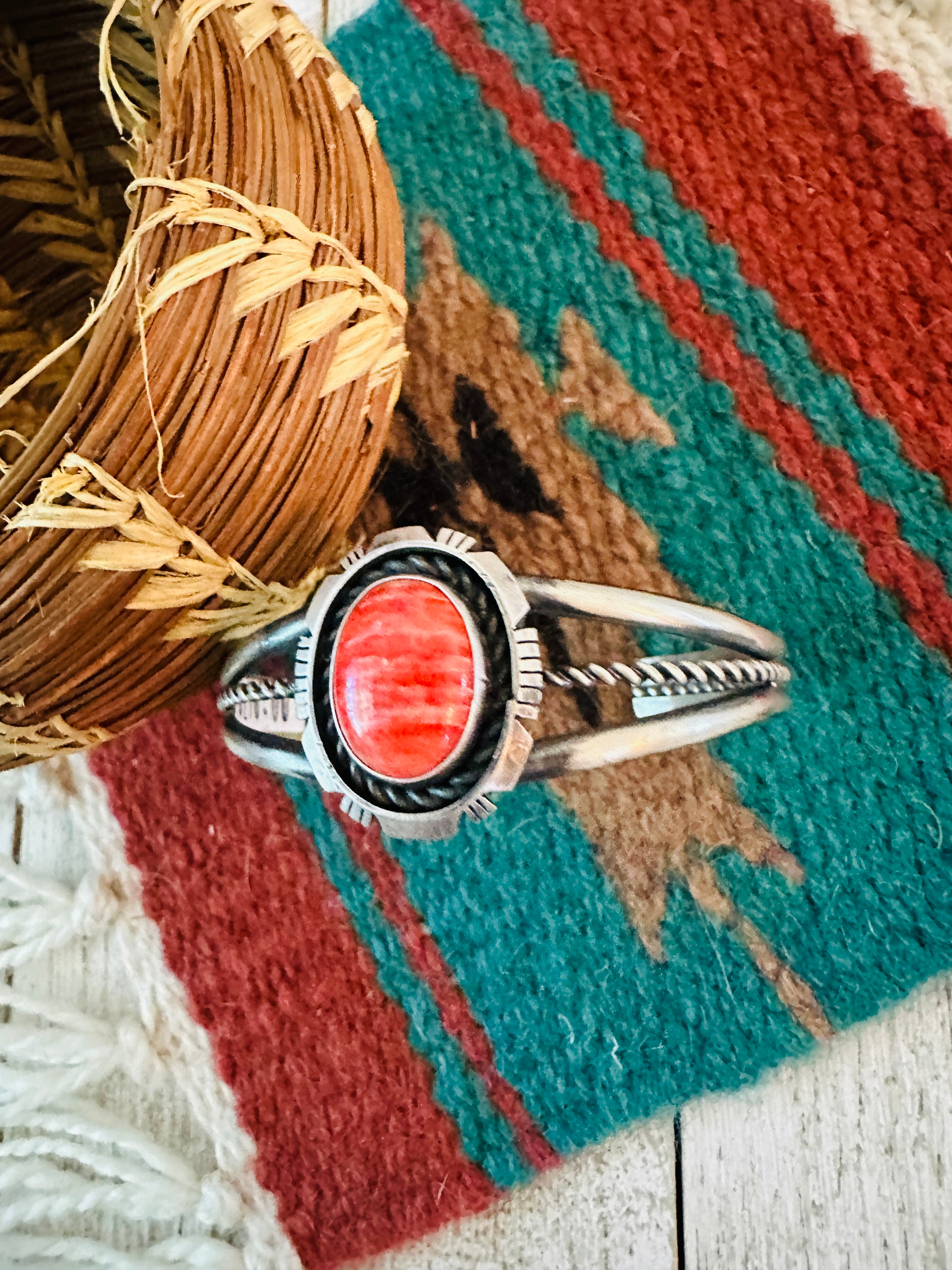 Handcrafted Sterling Silver & Red Spiny Cuff Bracelet by Eli Skeets