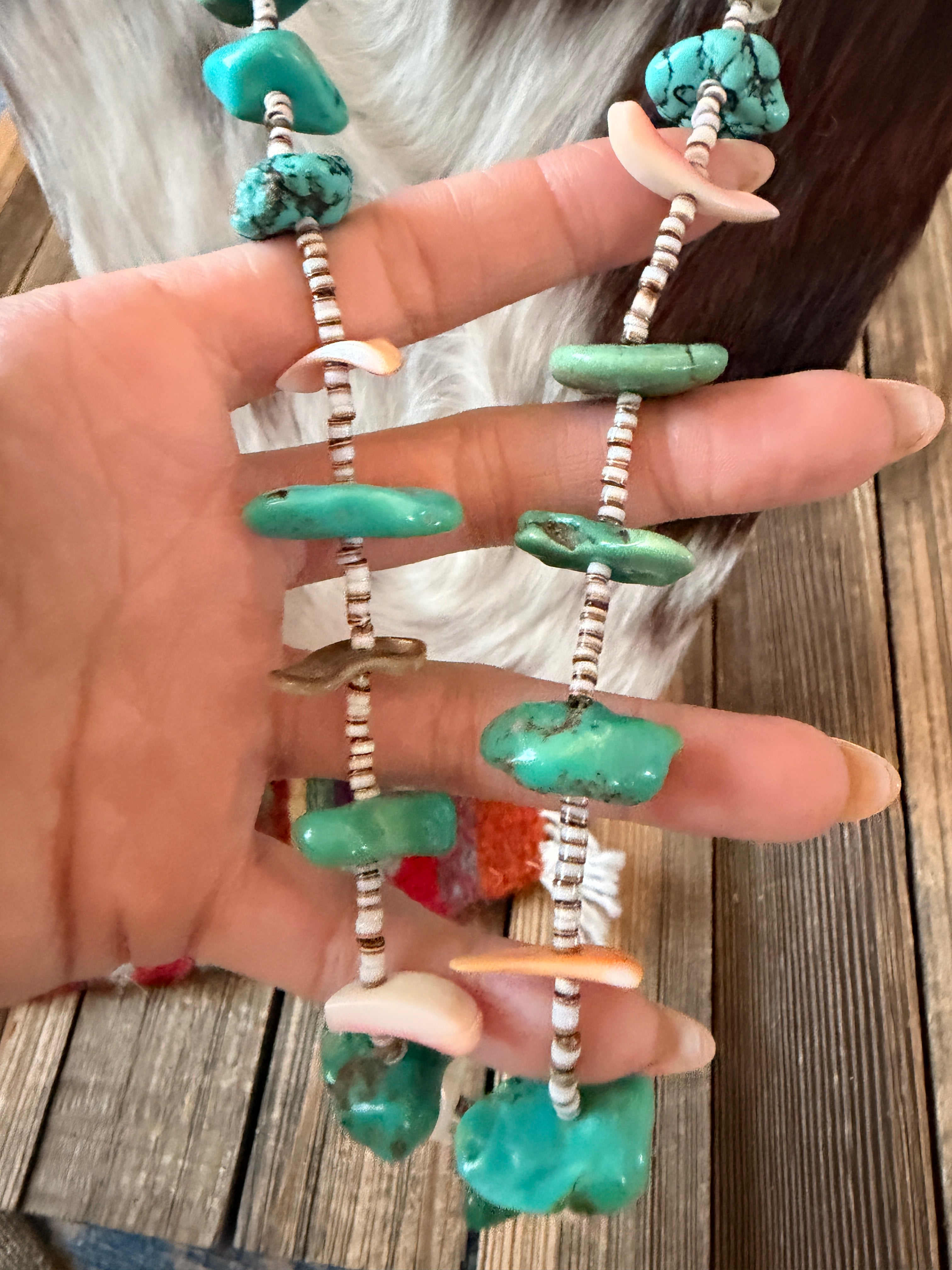 Old Pawn Handcrafted Turquoise, Spiny Oyster & Heishi Beaded 30” Necklace