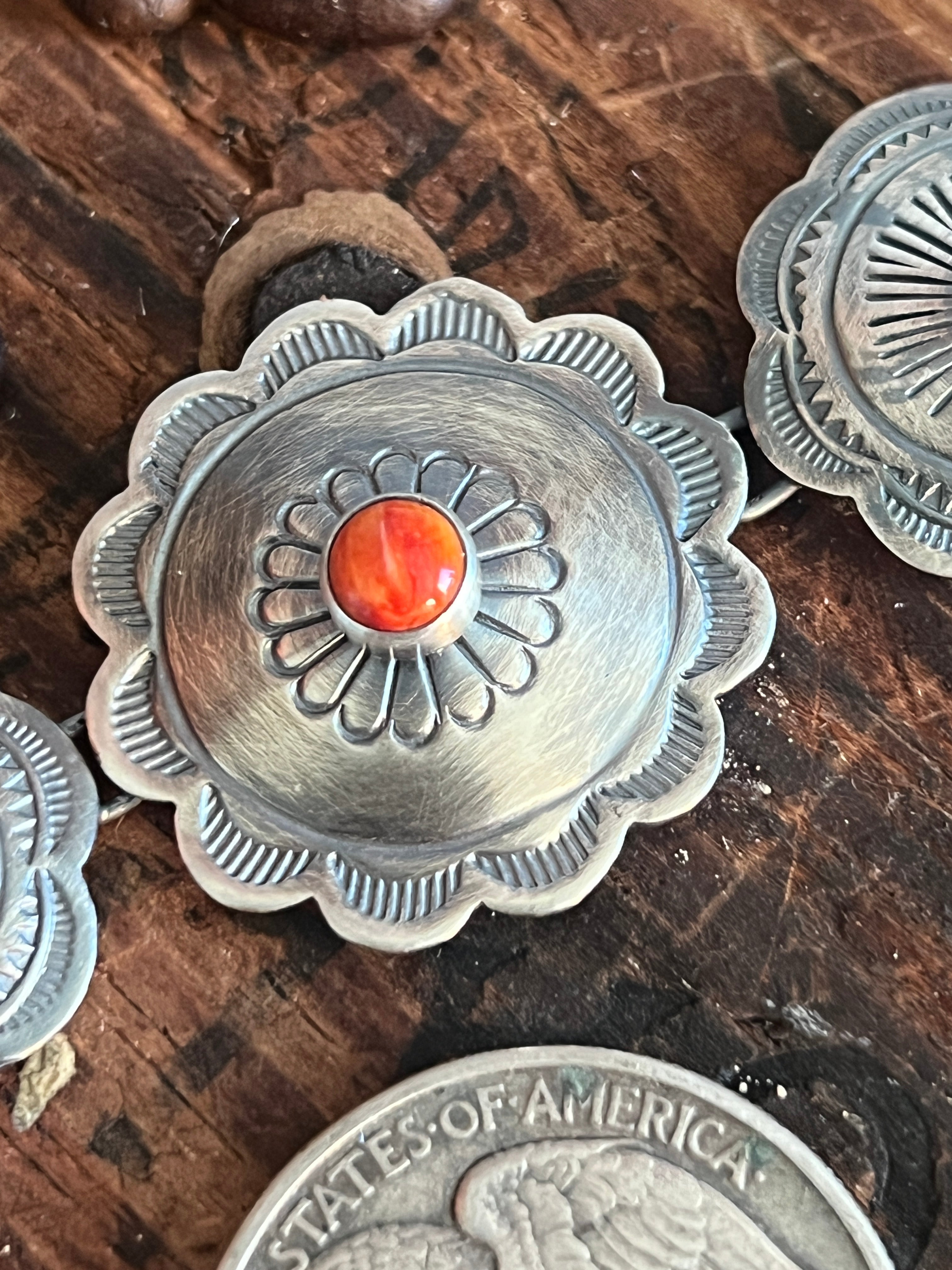 Daniel Coriz Sterling Concho Link Bracelet with Spiny Oyster Shell