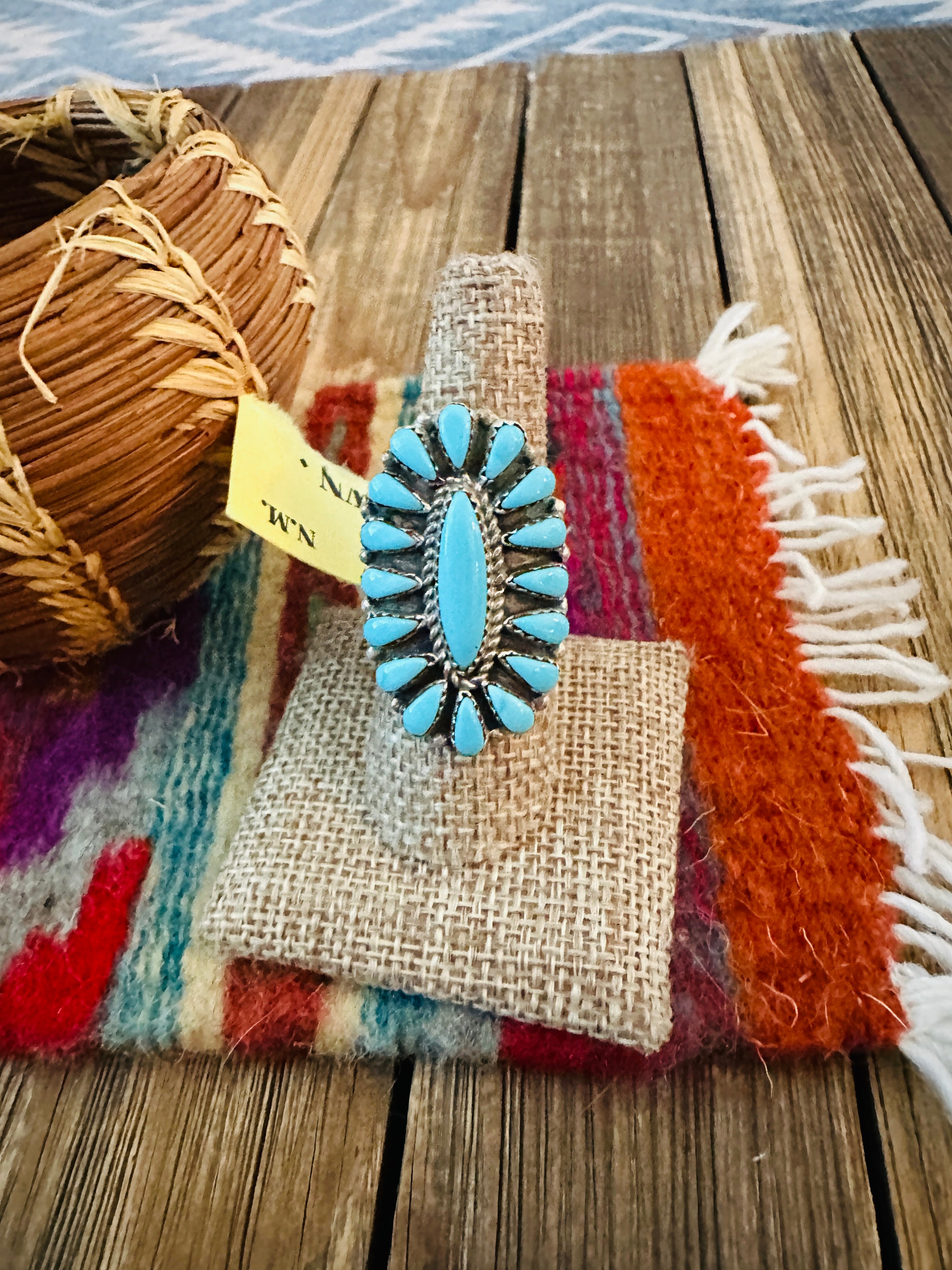 Old Pawn Handcrafted Turquoise & Sterling Silver Cluster Ring Size 8.5