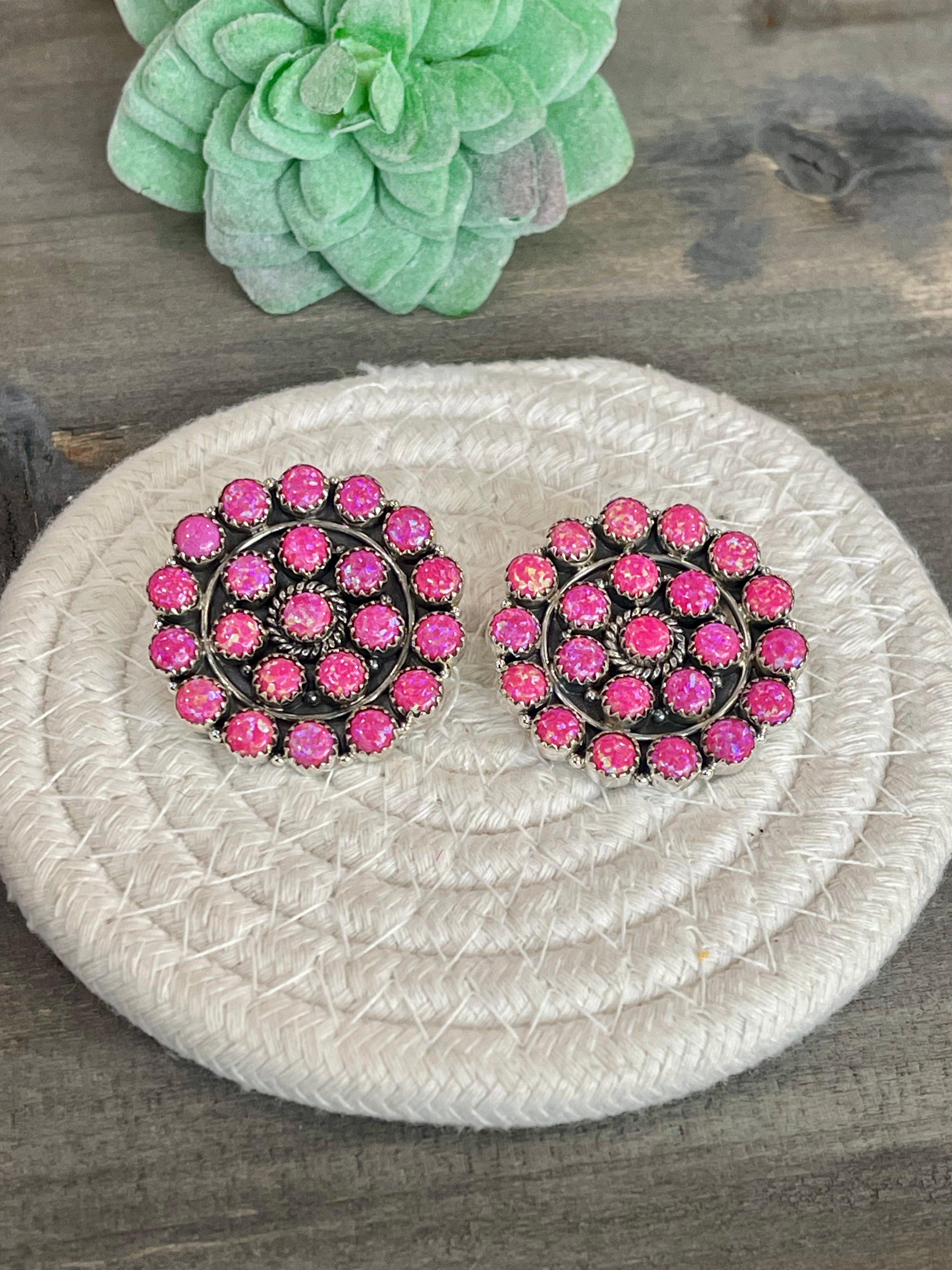 Handmade Sterling Silver & Hot Pink Fire Opal Post Earrings Signed Nizhoni