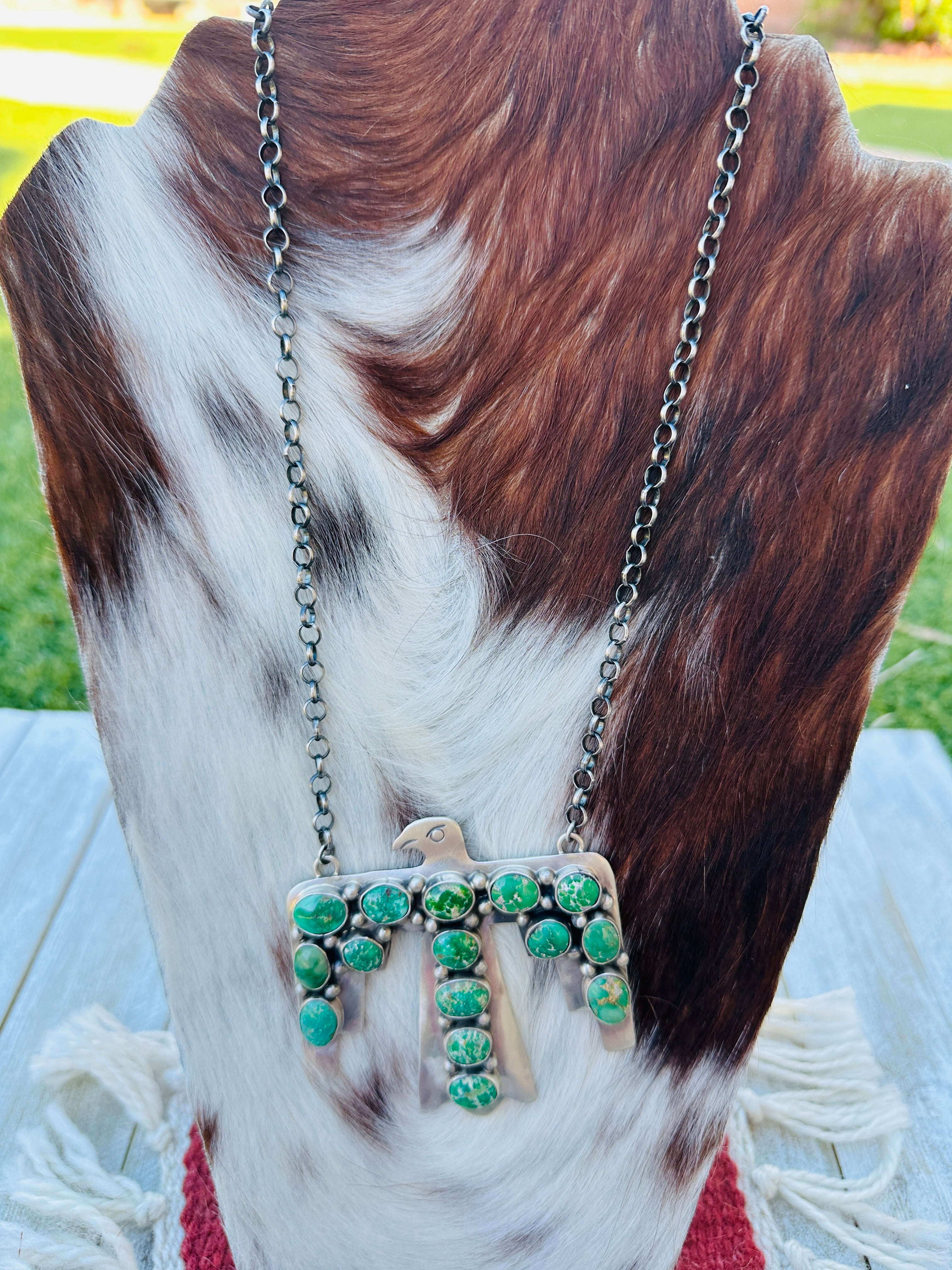 Handcrafted Sonoran Gold Turquoise & Sterling Silver Thunderbird Necklace by Russell Sam