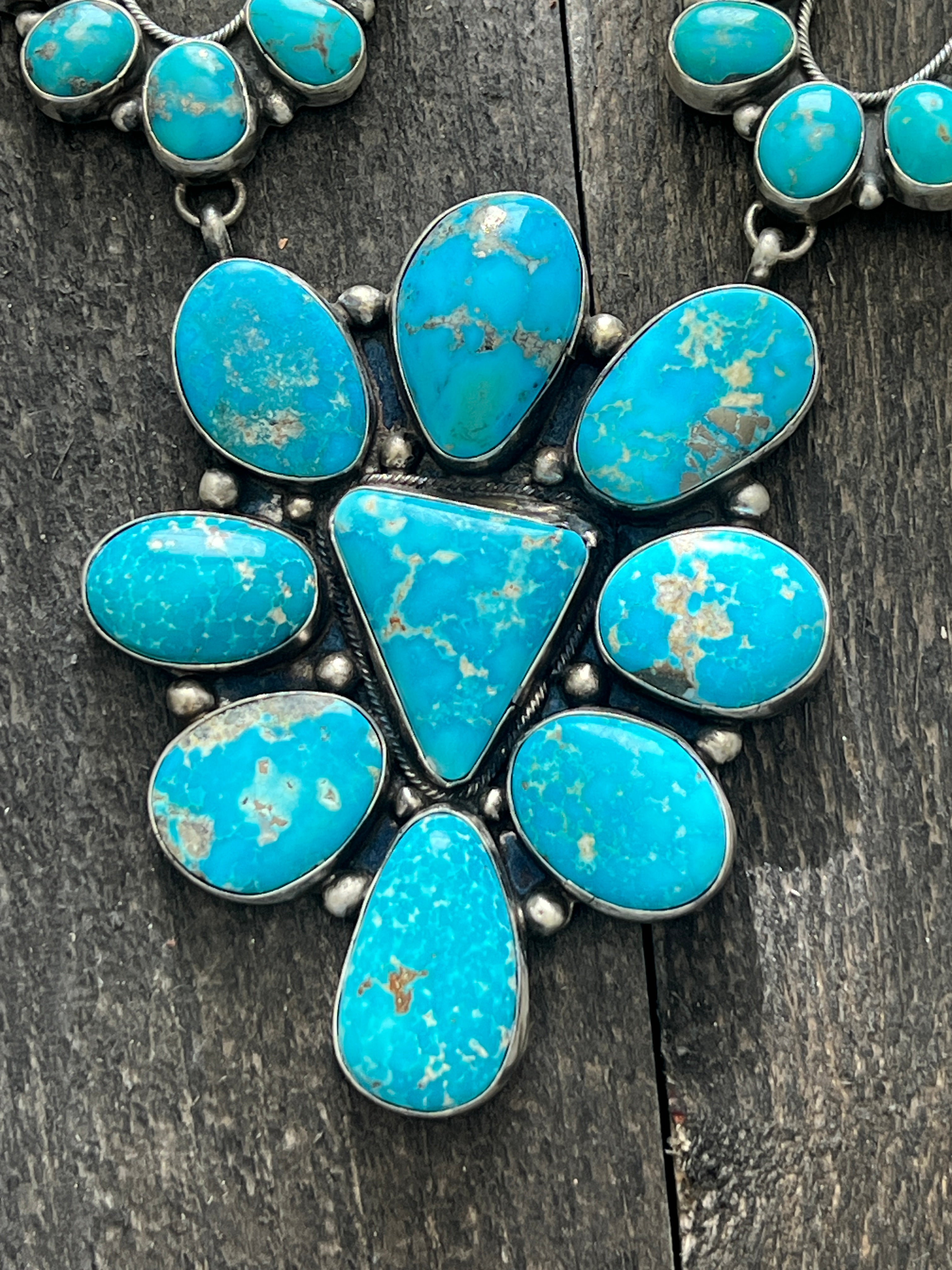 Handcrafted Sterling Silver and Whitewater Campitos Turquoise Cluster Necklace and Earring Set by Sheila Becenti