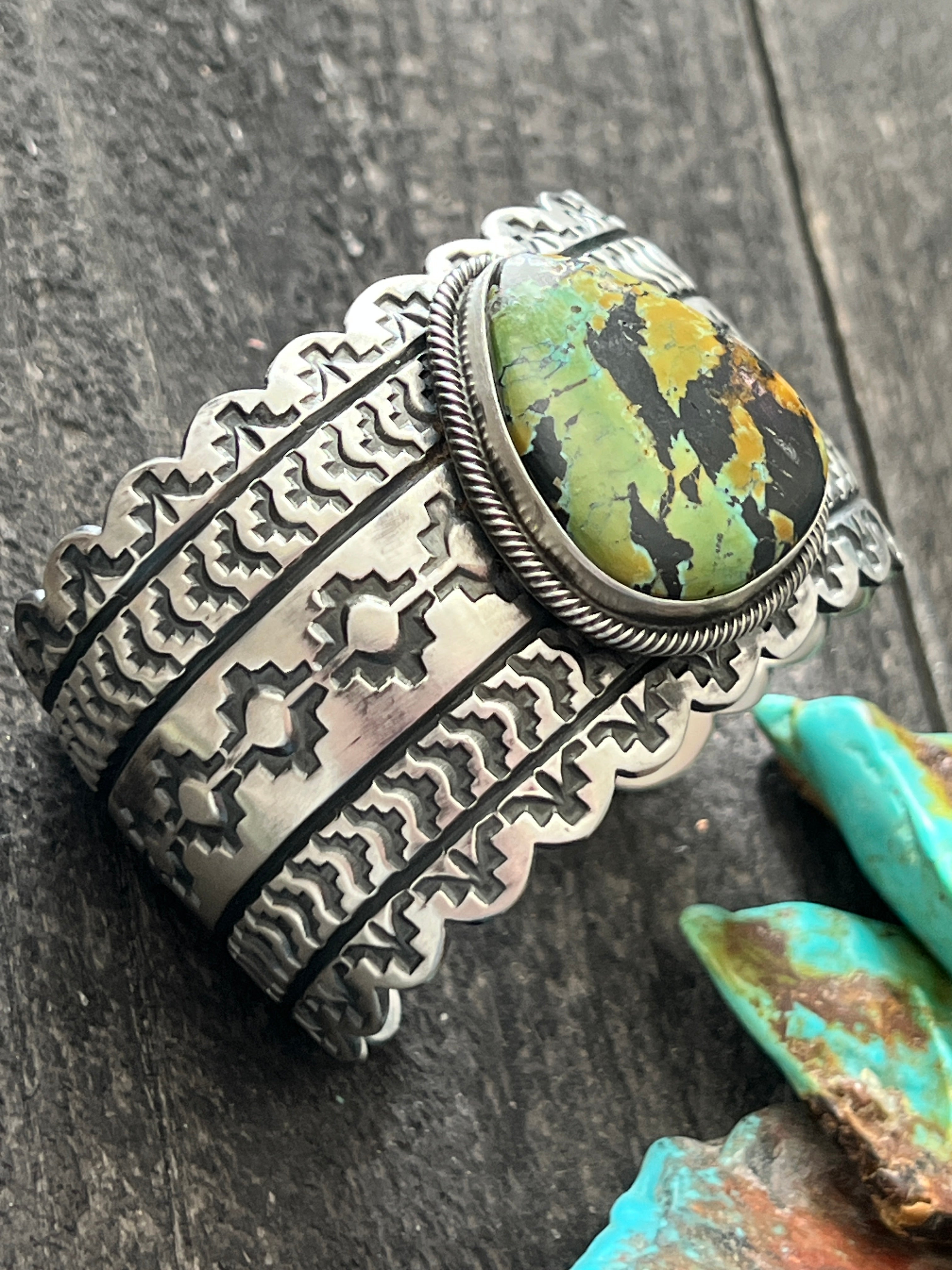 Navajo Hand Stamped Sterling Silver and Blackjack Turquoise Cuff Bracelet by Randy Boyd