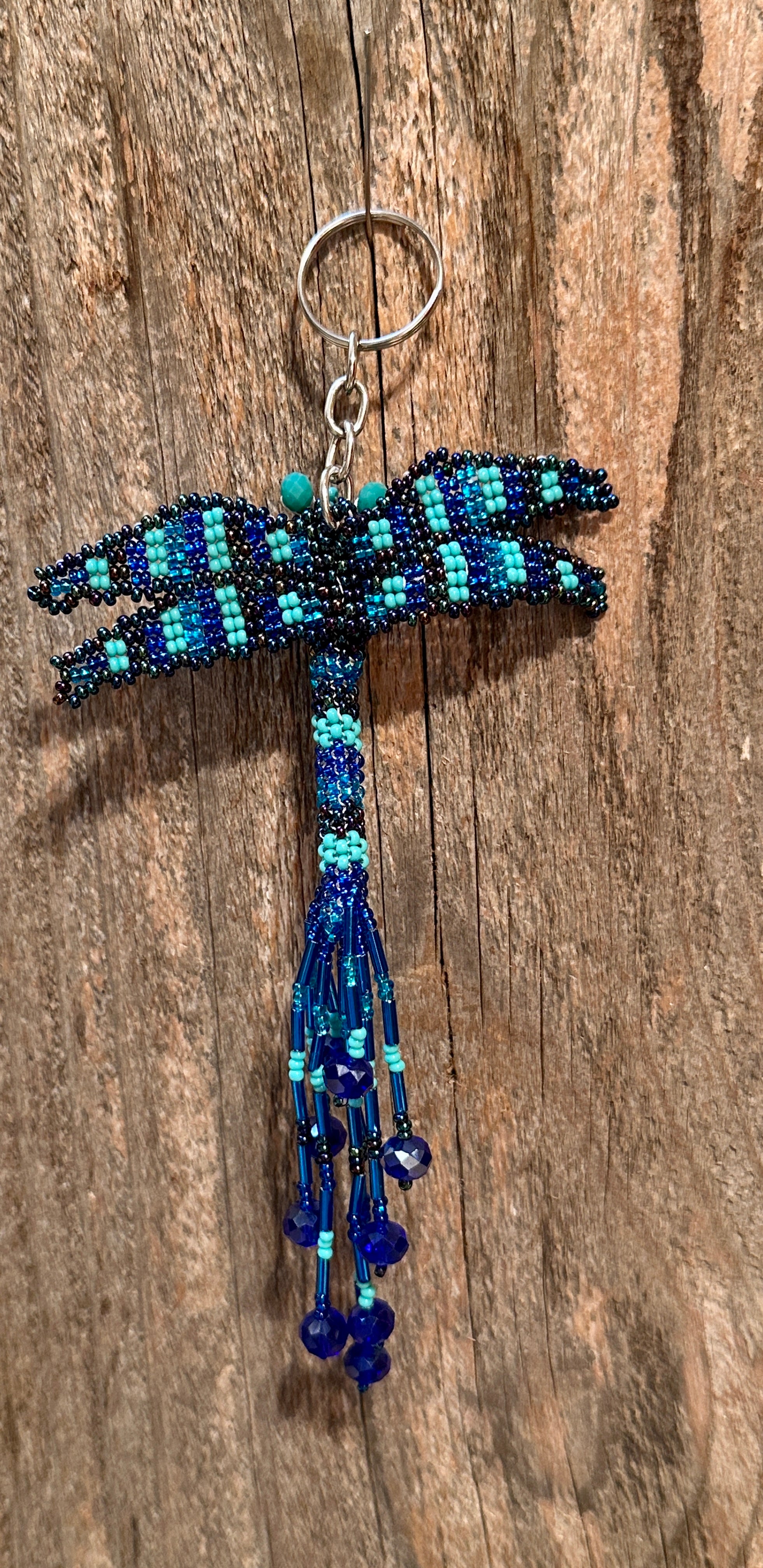 Handmade Beaded Blue Dragonfly Keychain