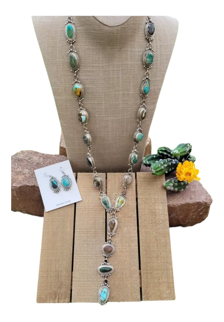 Navajo Sterling Silver & Multi Turquoise Lariat Necklace Set by Kee Johnson