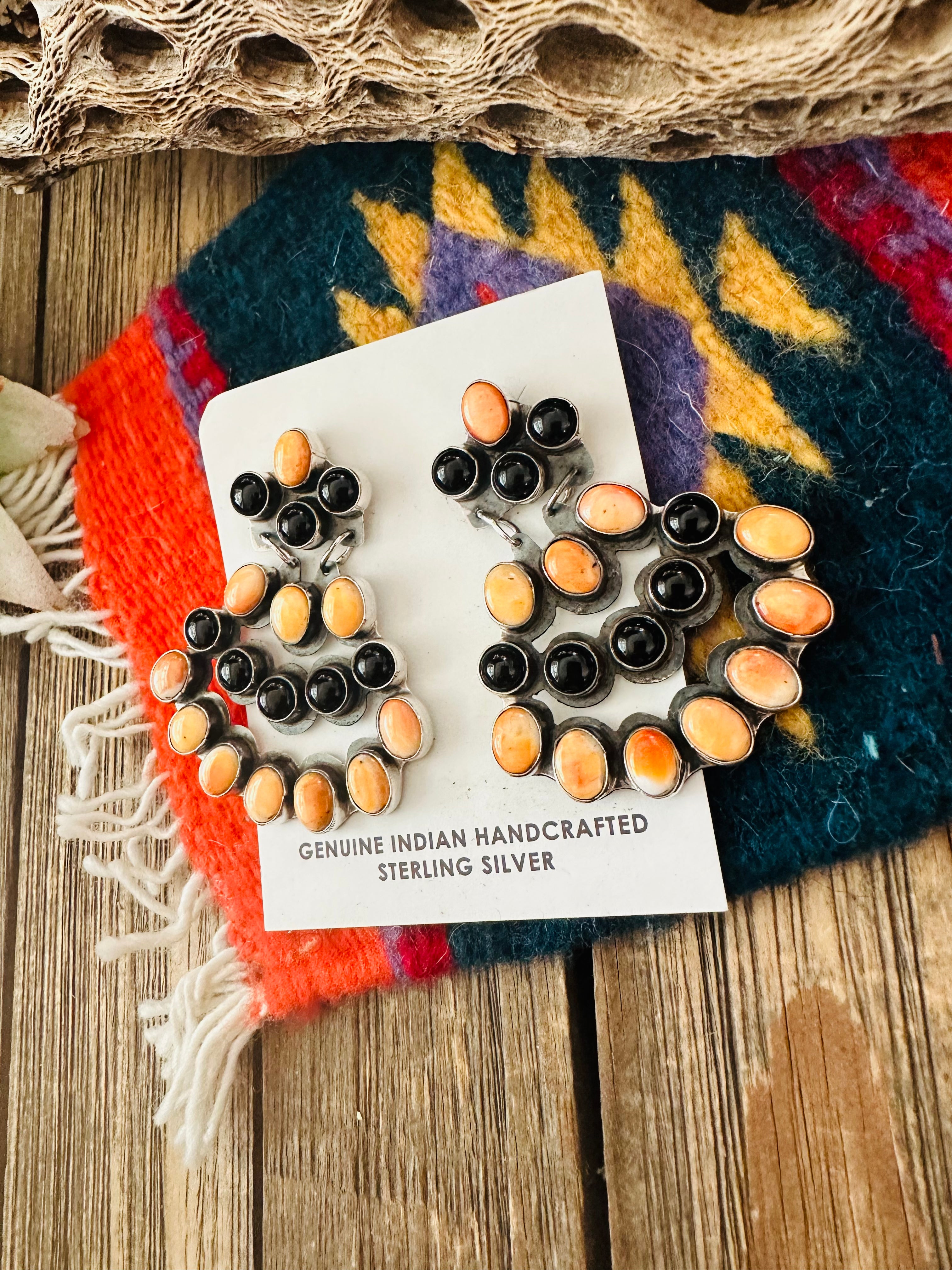 Handcrafted Onyx, Orange Spiny & Sterling Silver Cluster Dangle Earrings