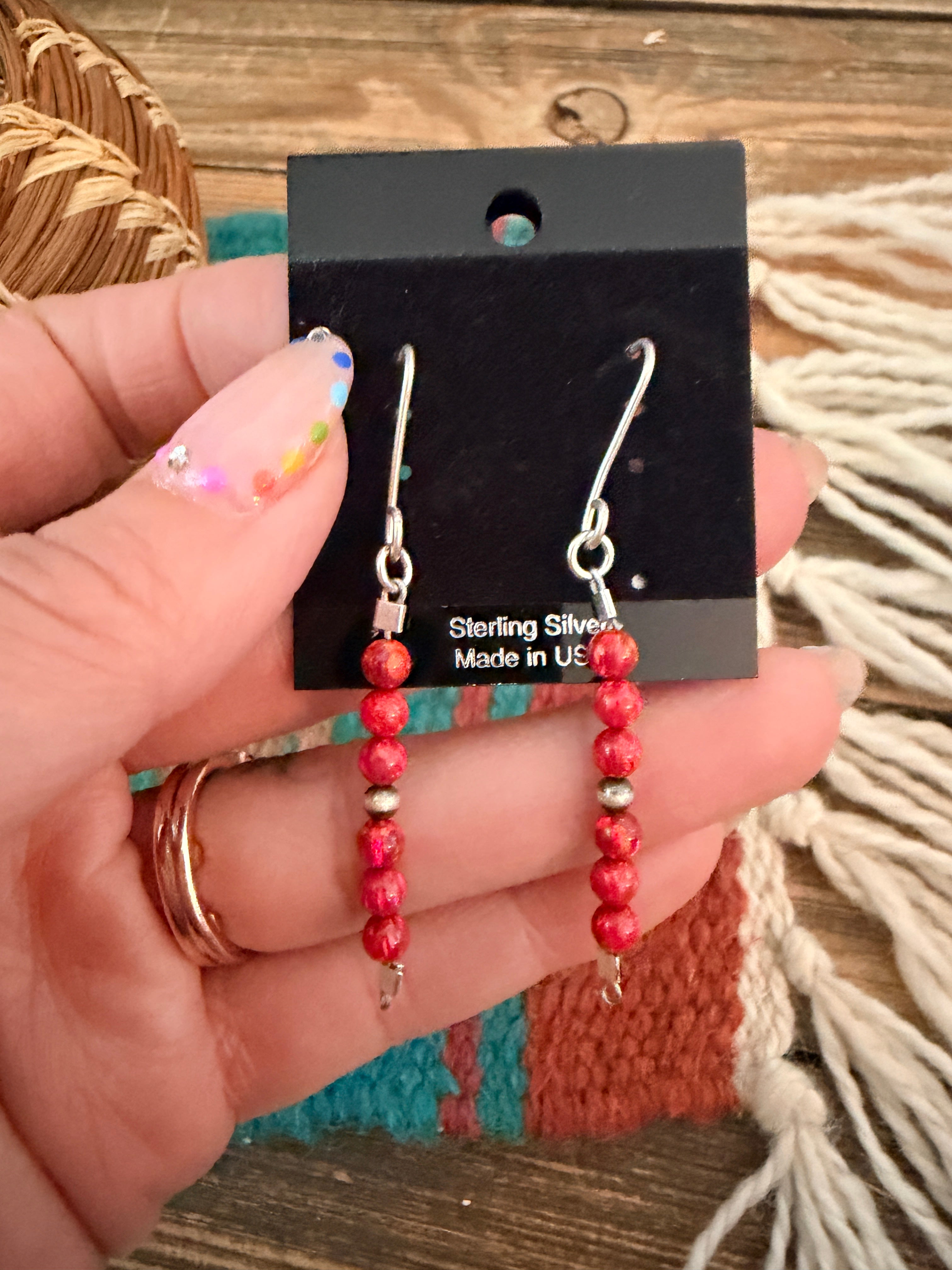 Handmade Sterling Silver and Red Fire Opal Beaded Dangle Earrings