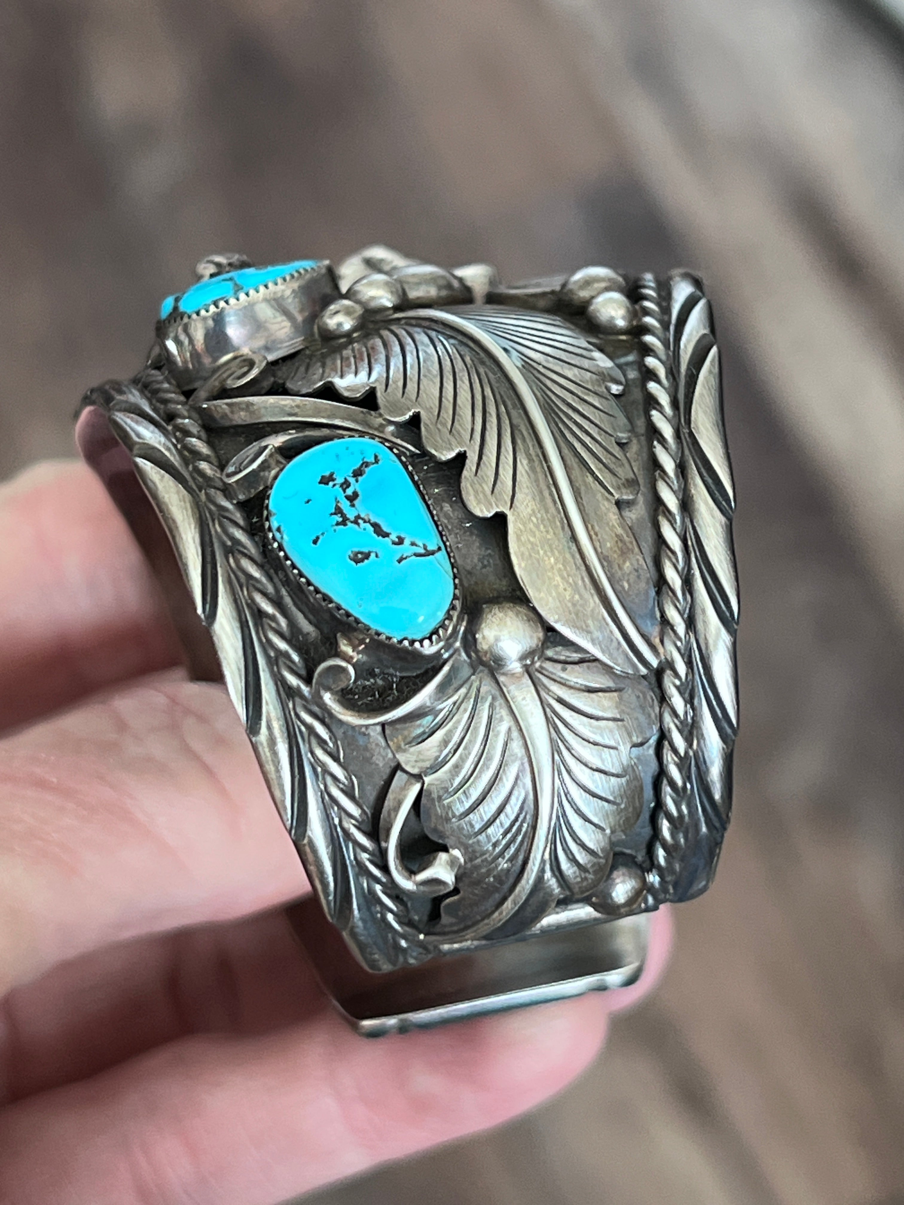 Old Pawn Sterling Silver and Kingman Turquoise Bear Motif Cuff by Running Bear