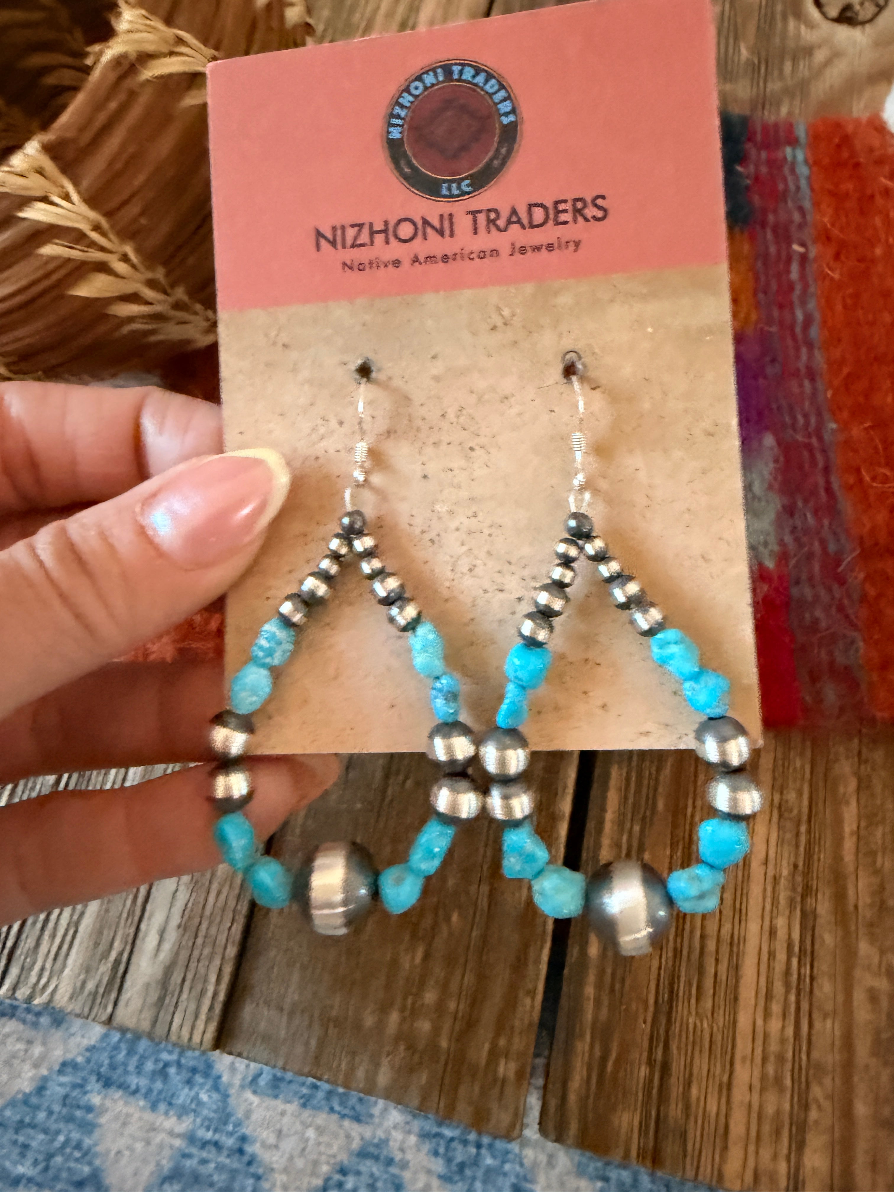 Handcrafted Turquoise & Sterling Silver Pearl Beaded Dangle Hoop Earrings