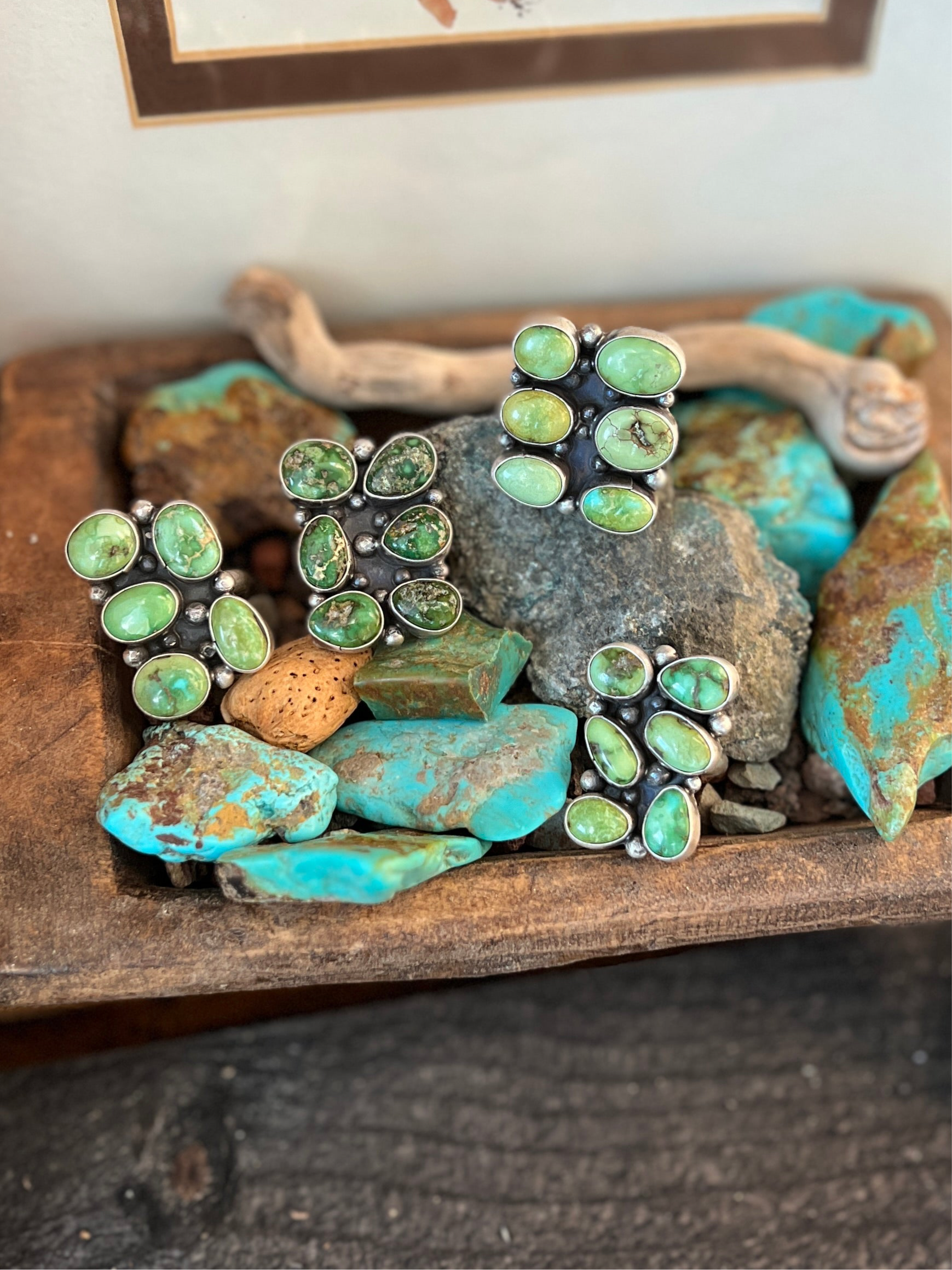 Handcrafted Sterling Silver and Sonoran Gold Turquoise Cluster Rings by Travis Jim, Size 8