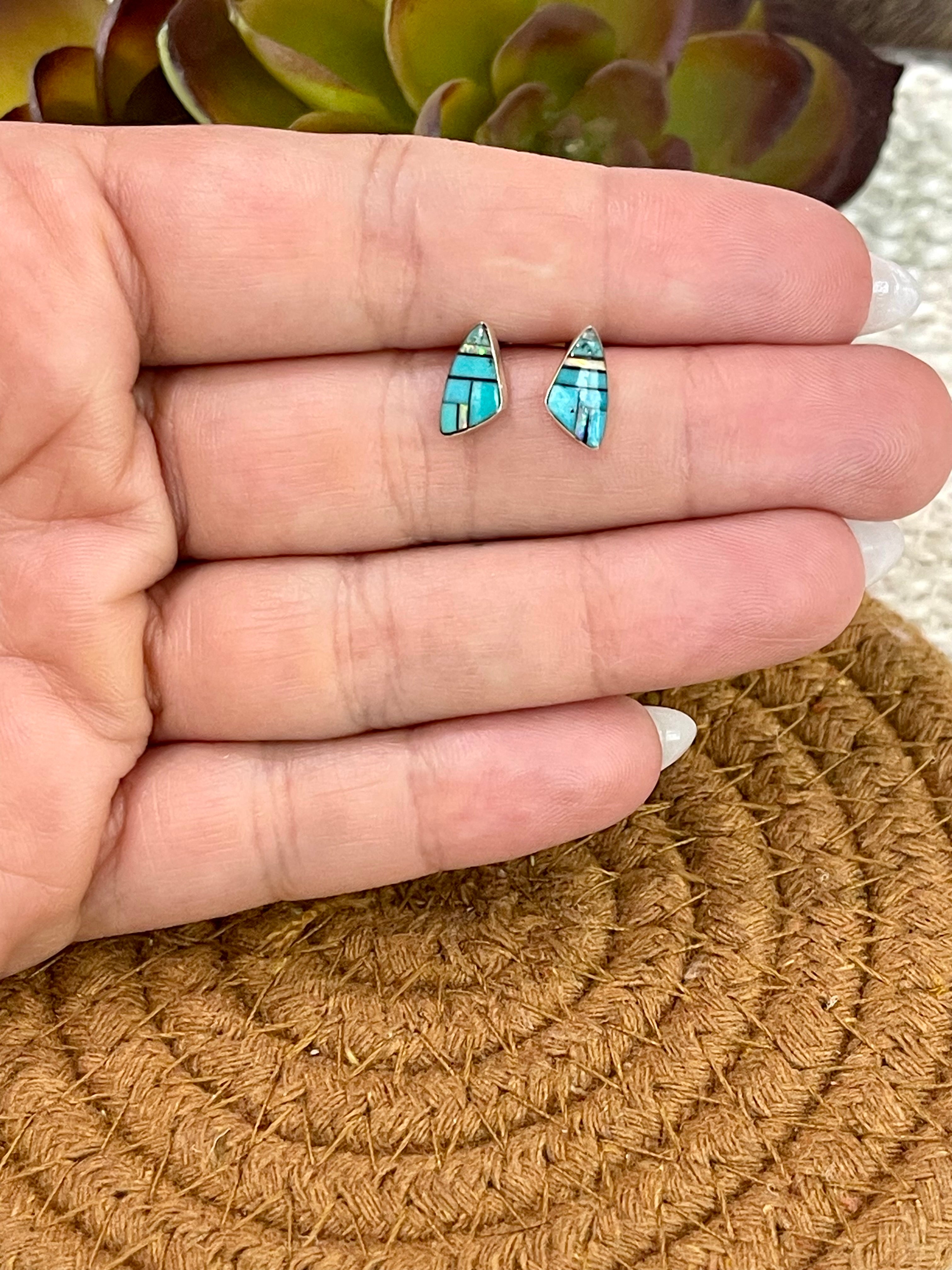 Beautiful Handmade Sterling Silver & Turquoise Inlay Stud Earrings