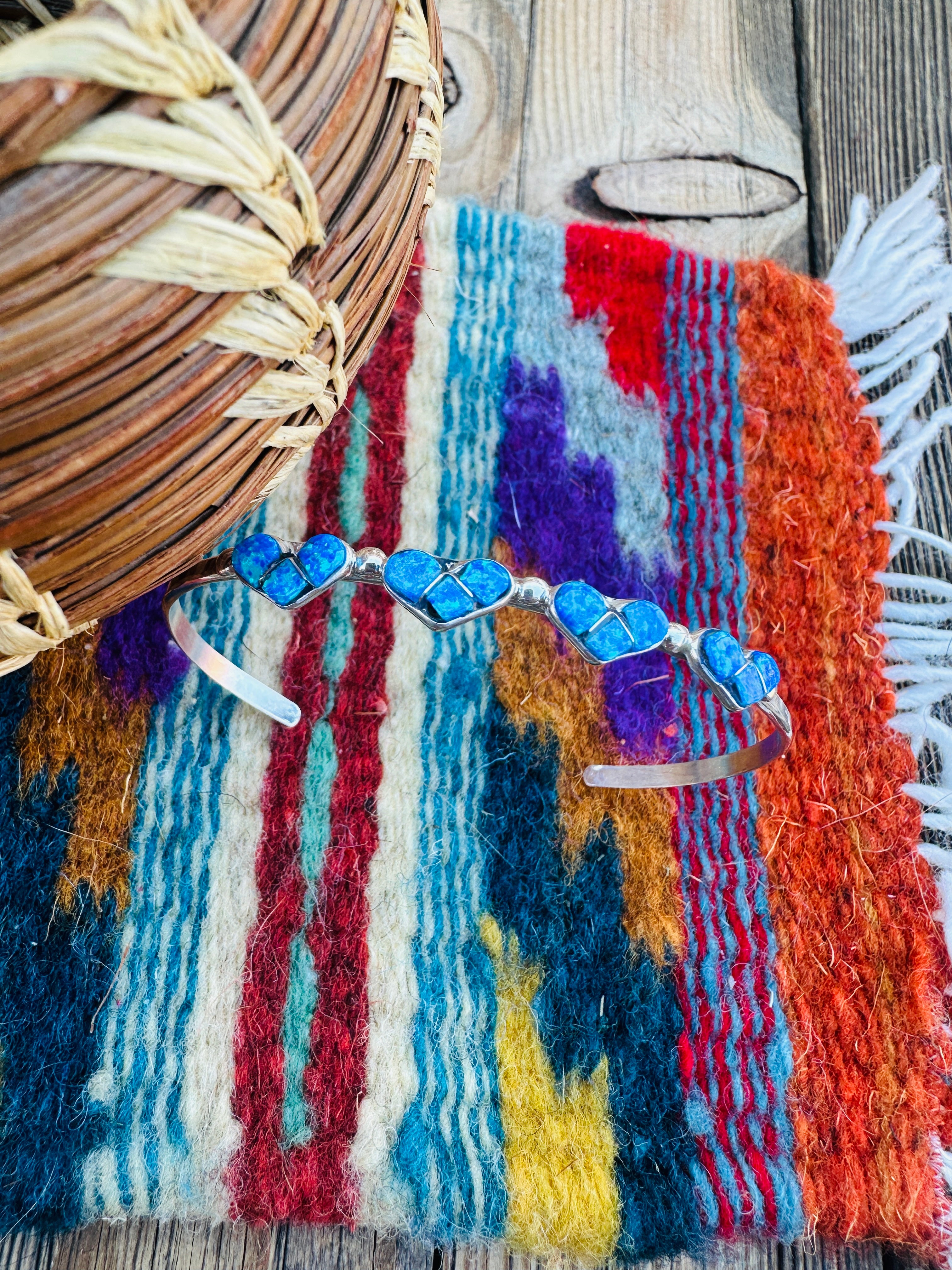 Handcrafted Sterling Silver & Blue Opal Heart Inlay Cuff Bracelet