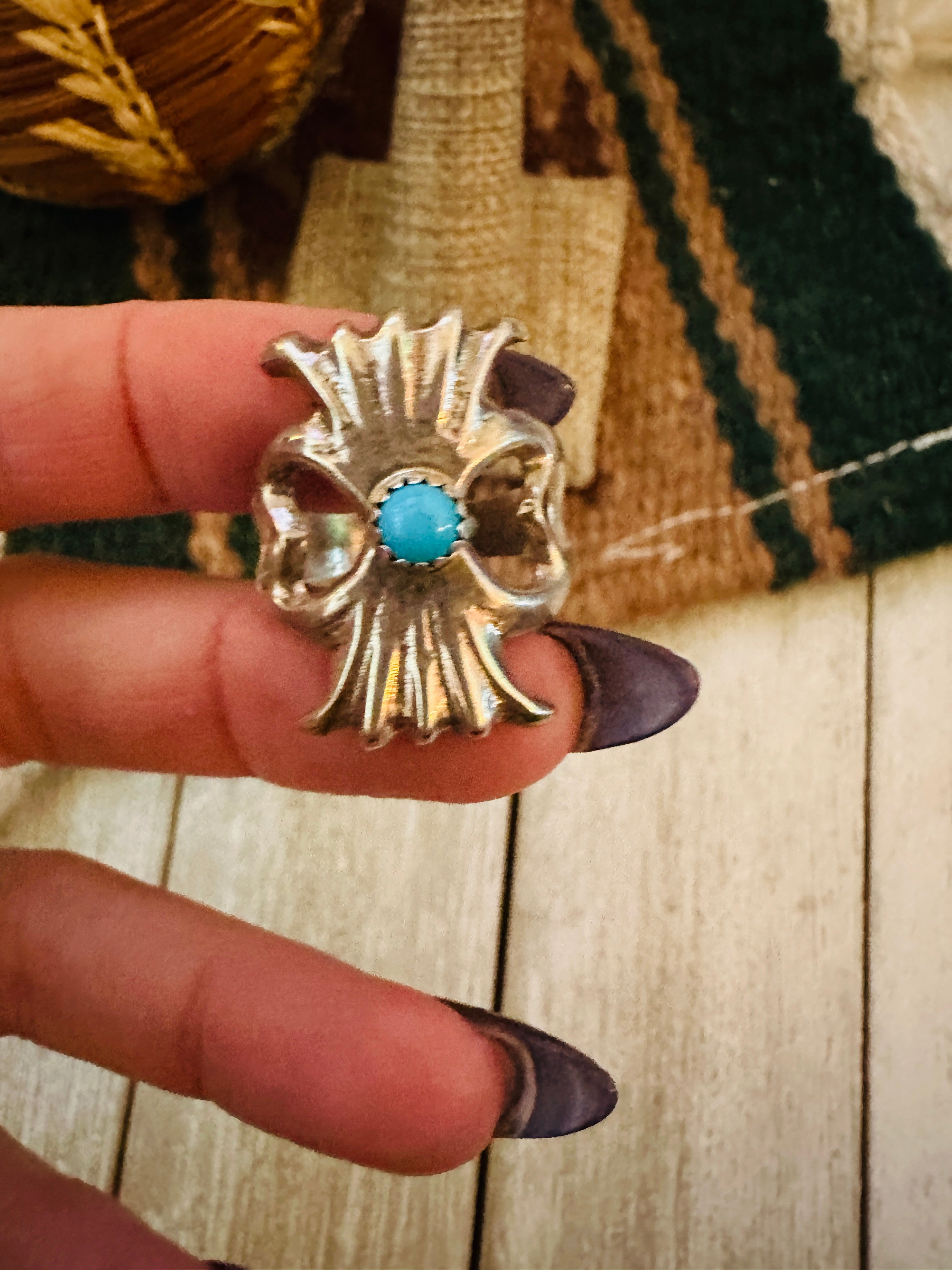 Old Pawn Handcrafted Turquoise & Sterling Silver Ring Size 7