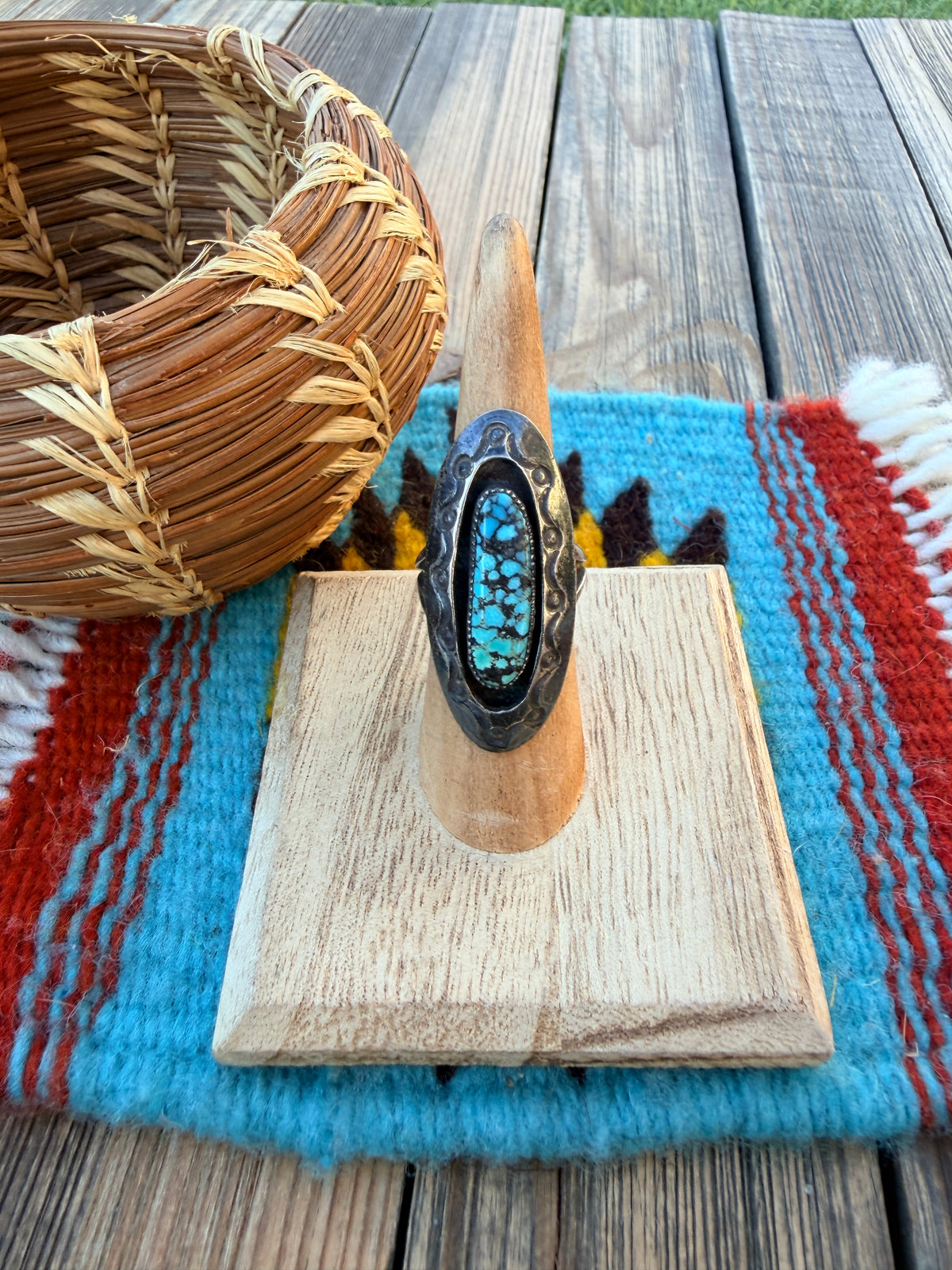Old Pawn Handcrafted Turquoise & Sterling Silver Ring Size 6