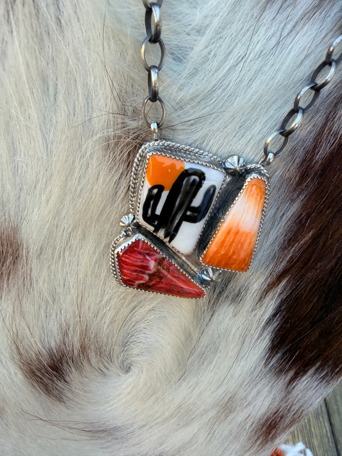 Handmade Sterling Silver, Spiny Oyster & Magnesite Painted Cactus Necklace