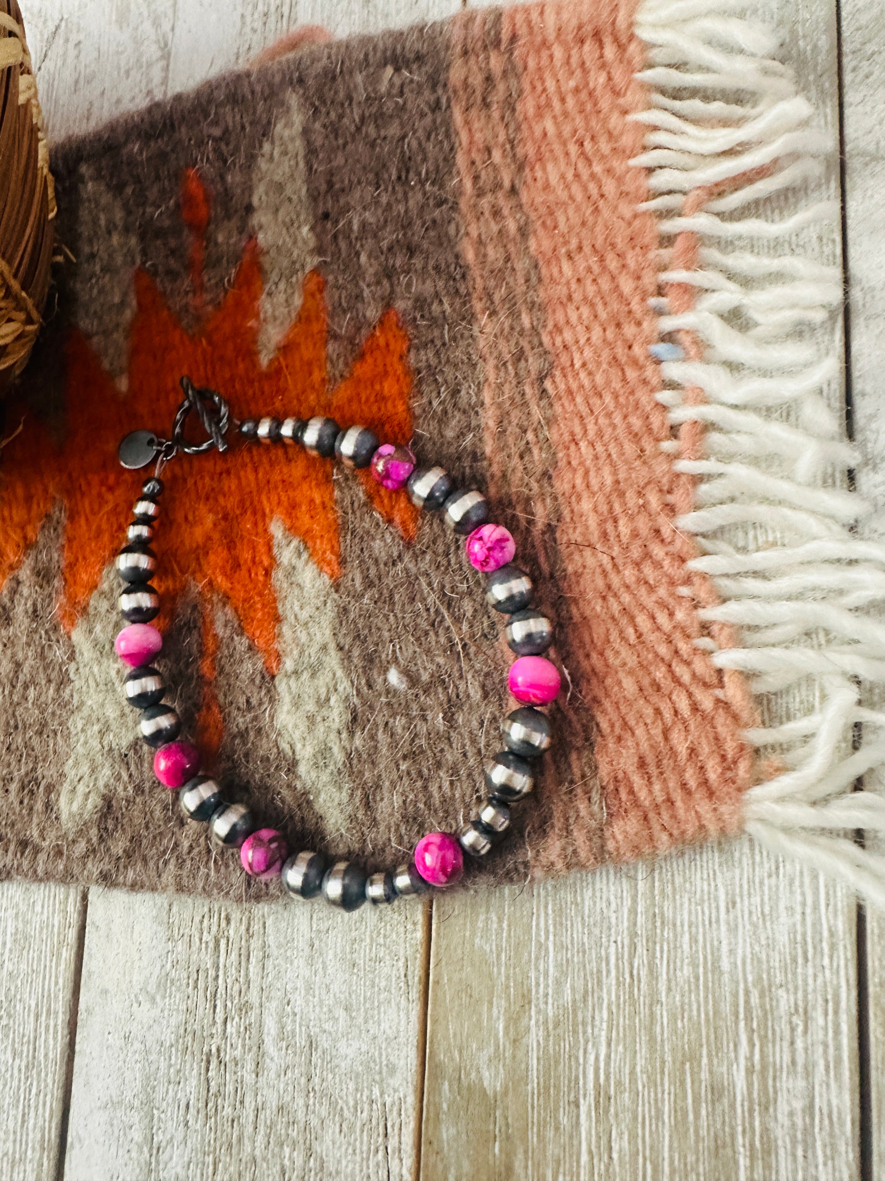 Handcrafted Pink Mojave and Sterling Silver Pearl Beaded Bracelet