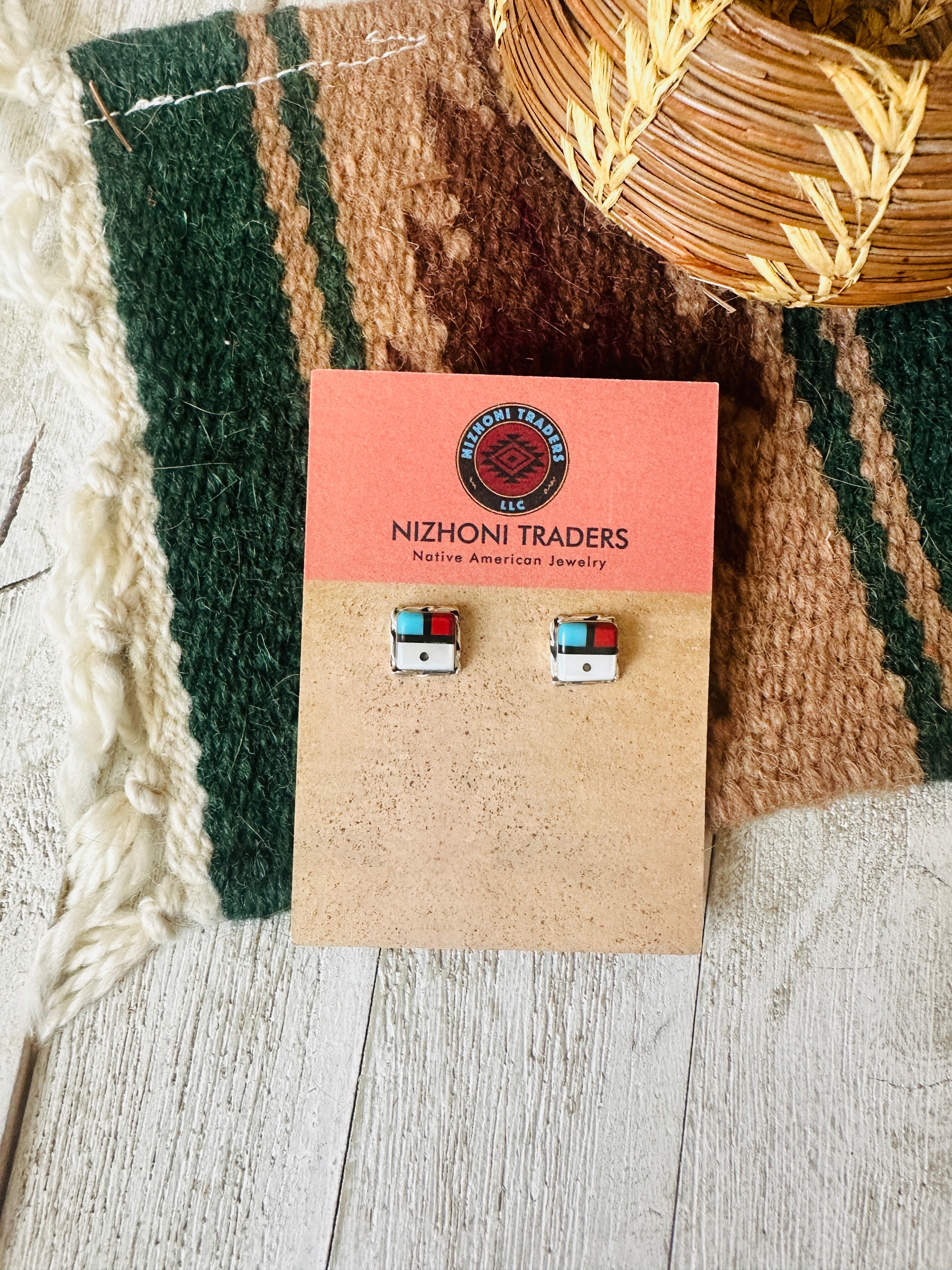 Handcrafted Sun Face Multi Stone & Sterling Silver Inlay Stud Earrings