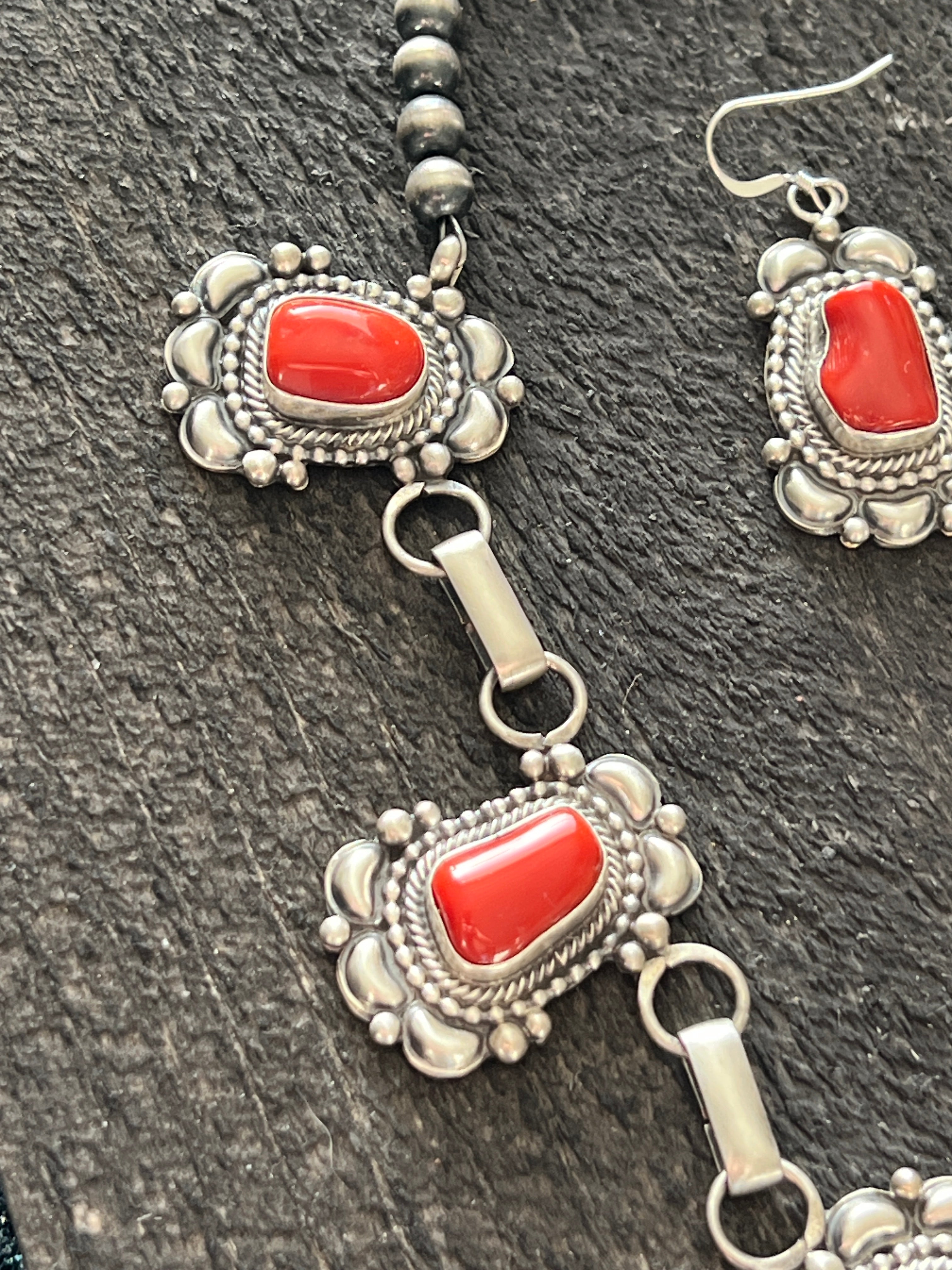 Navajo Sterling Silver, Mediterranean Coral and Sleeping Beauty Turquoise Necklace with Matching Earrings by Tom Lewis