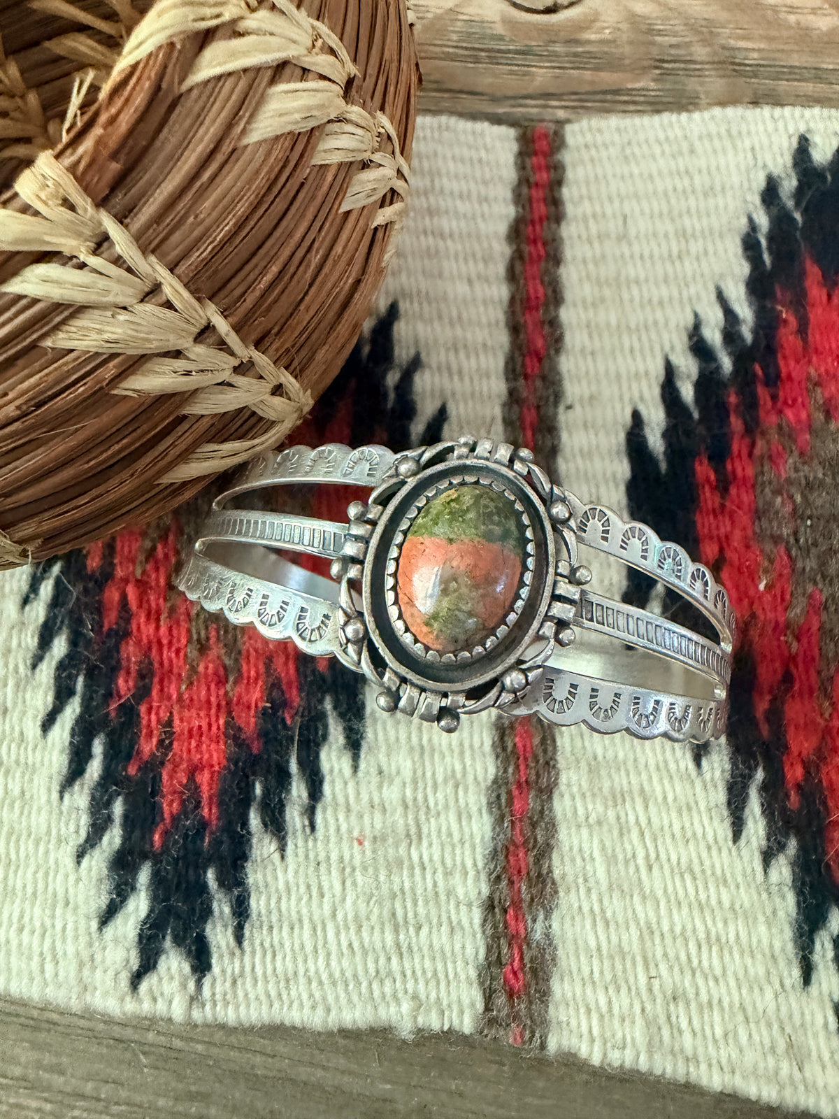 Handcrafted Old Pawn Unakite & Sterling Silver Cuff Bracelet