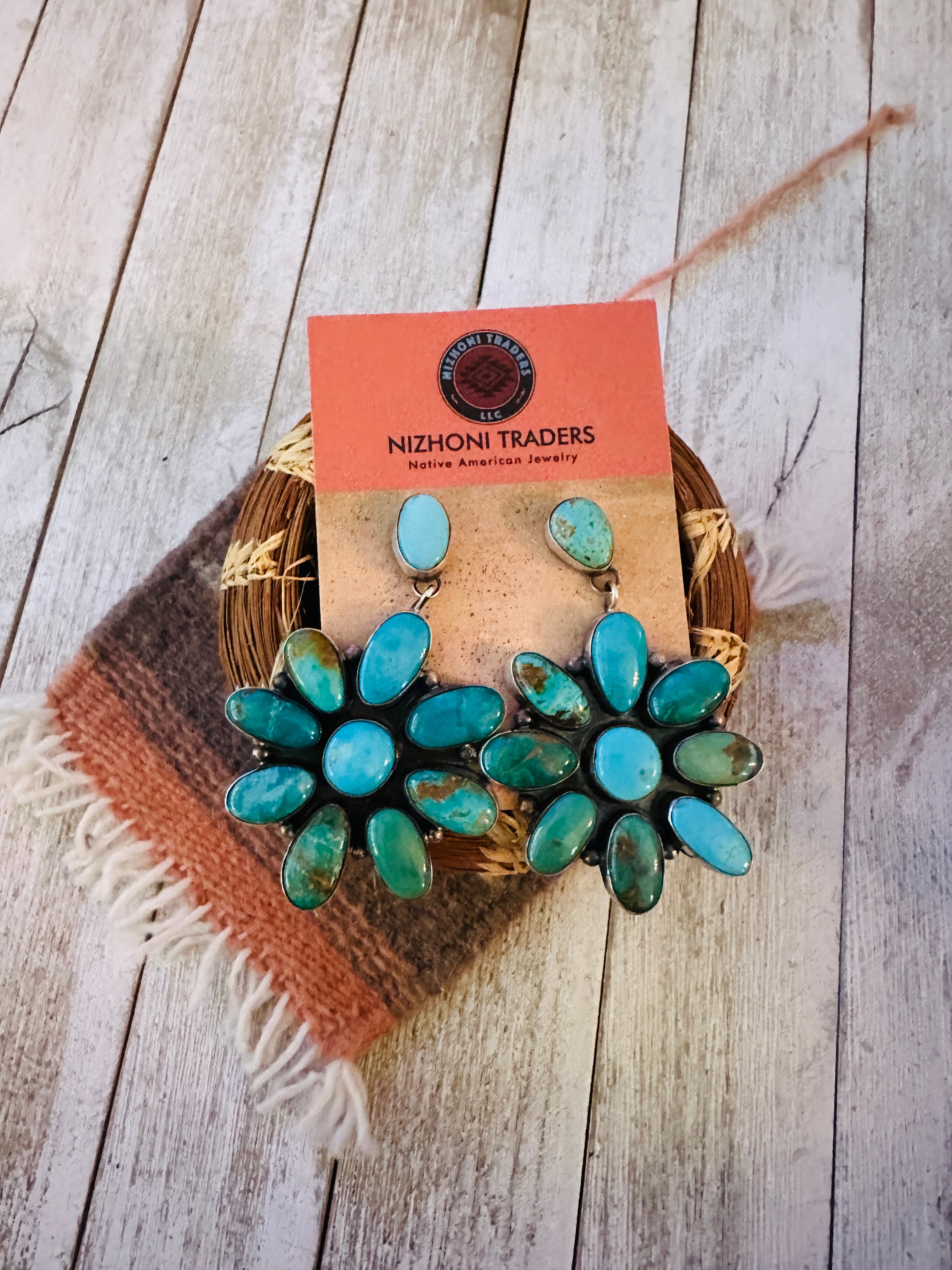Handcrafted Turquoise & Sterling Silver Cluster Earrings by Sheila Becenti