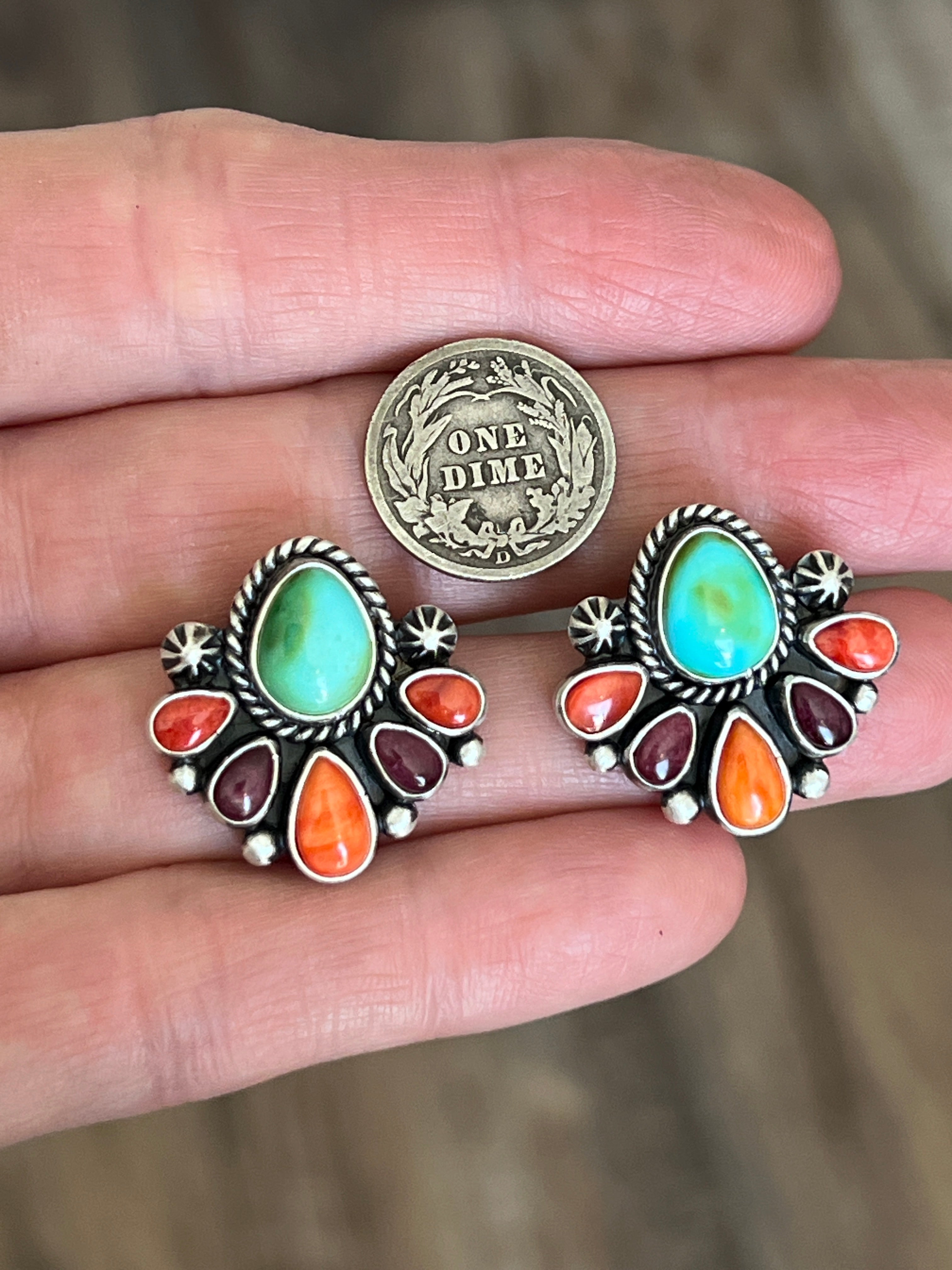 Handcrafted Sterling Silver Electric Rainbow Beaded Cluster Necklace & Earrings Set by Angela Martin