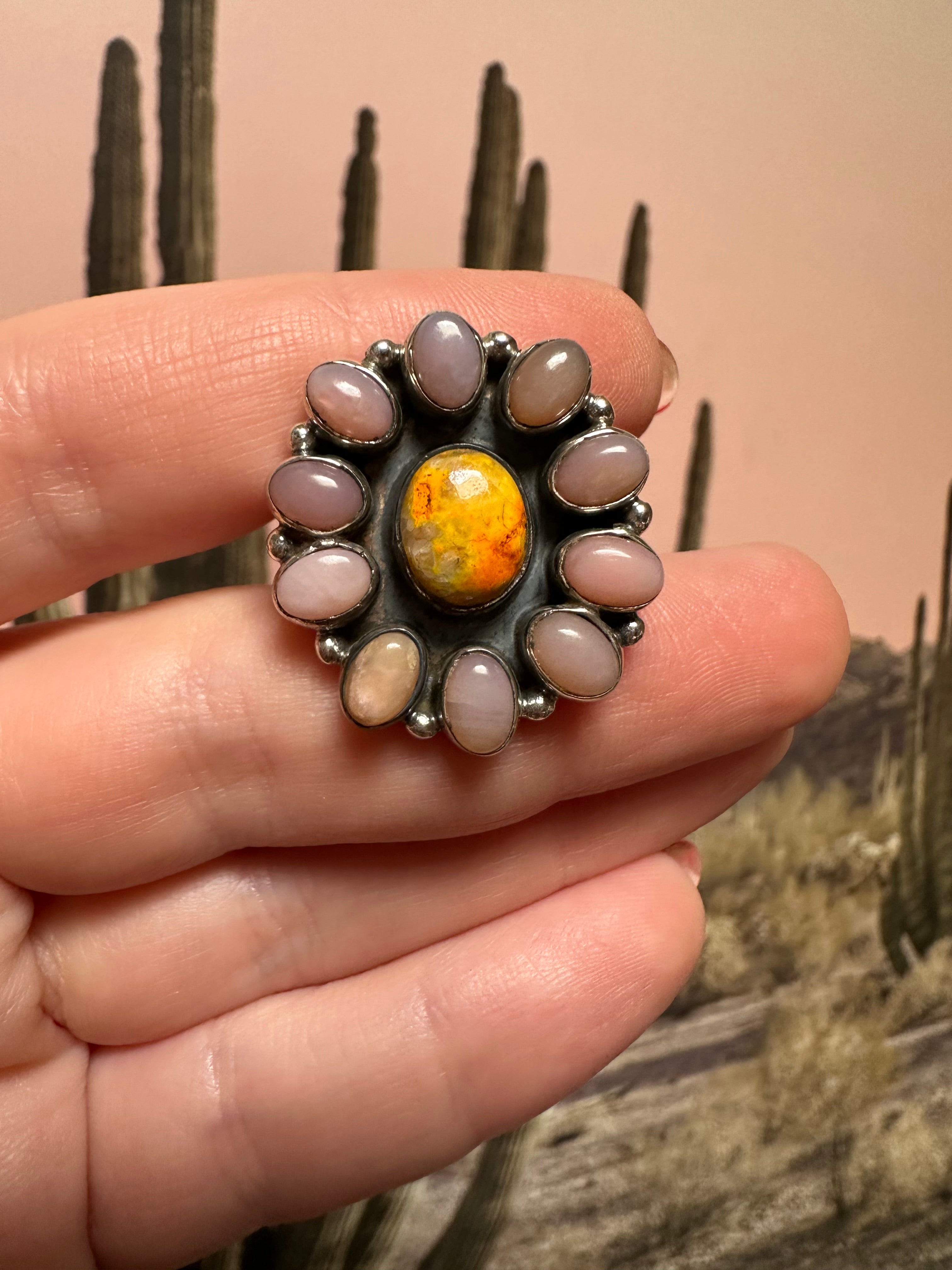 Beautiful Handmade Pink Conch, Bumble Bee And Sterling Silver Adjustable Ring