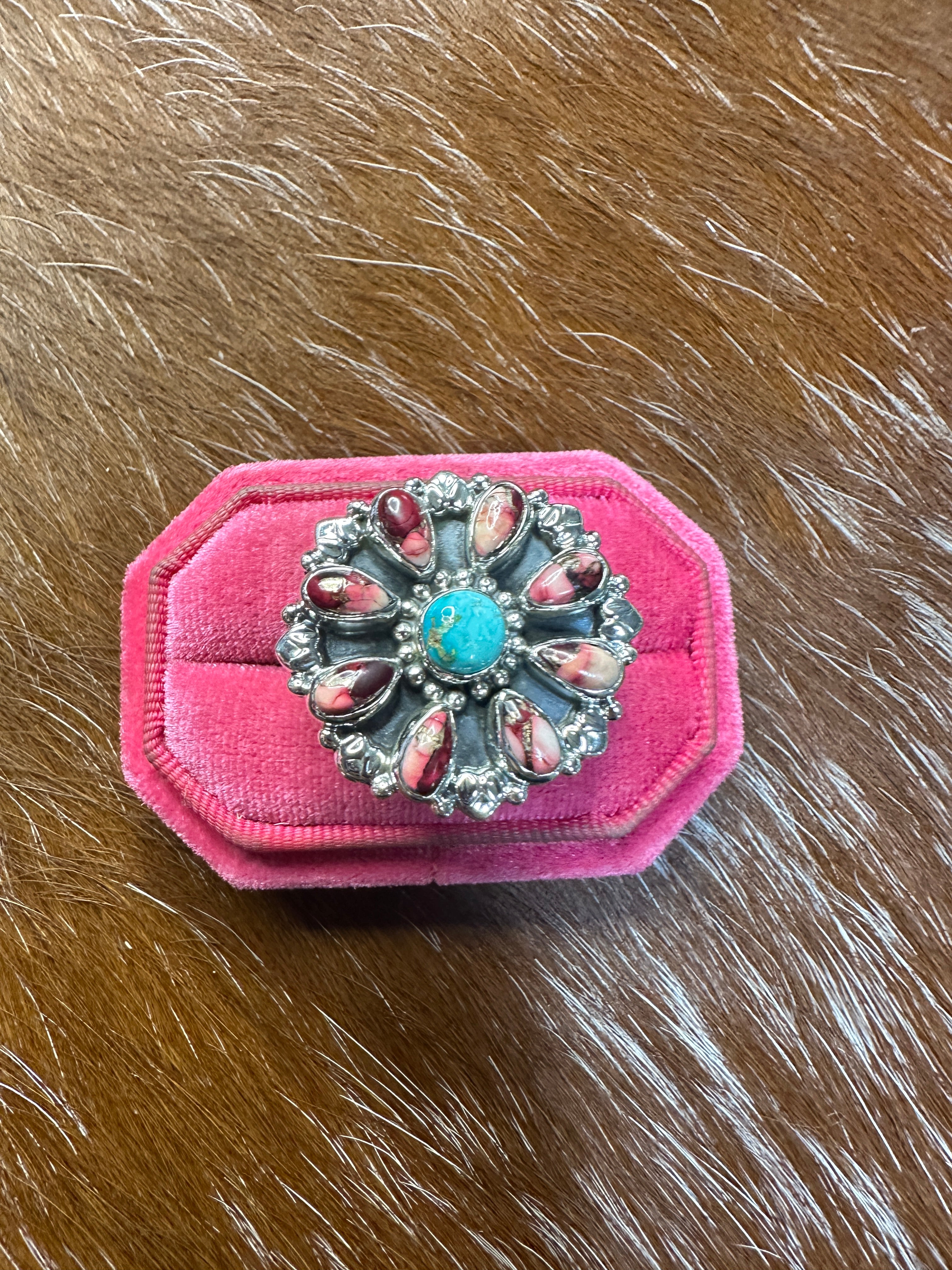 Handmade Dahlia Rose, Turquoise & Sterling Silver Adjustable Cluster Flower Ring