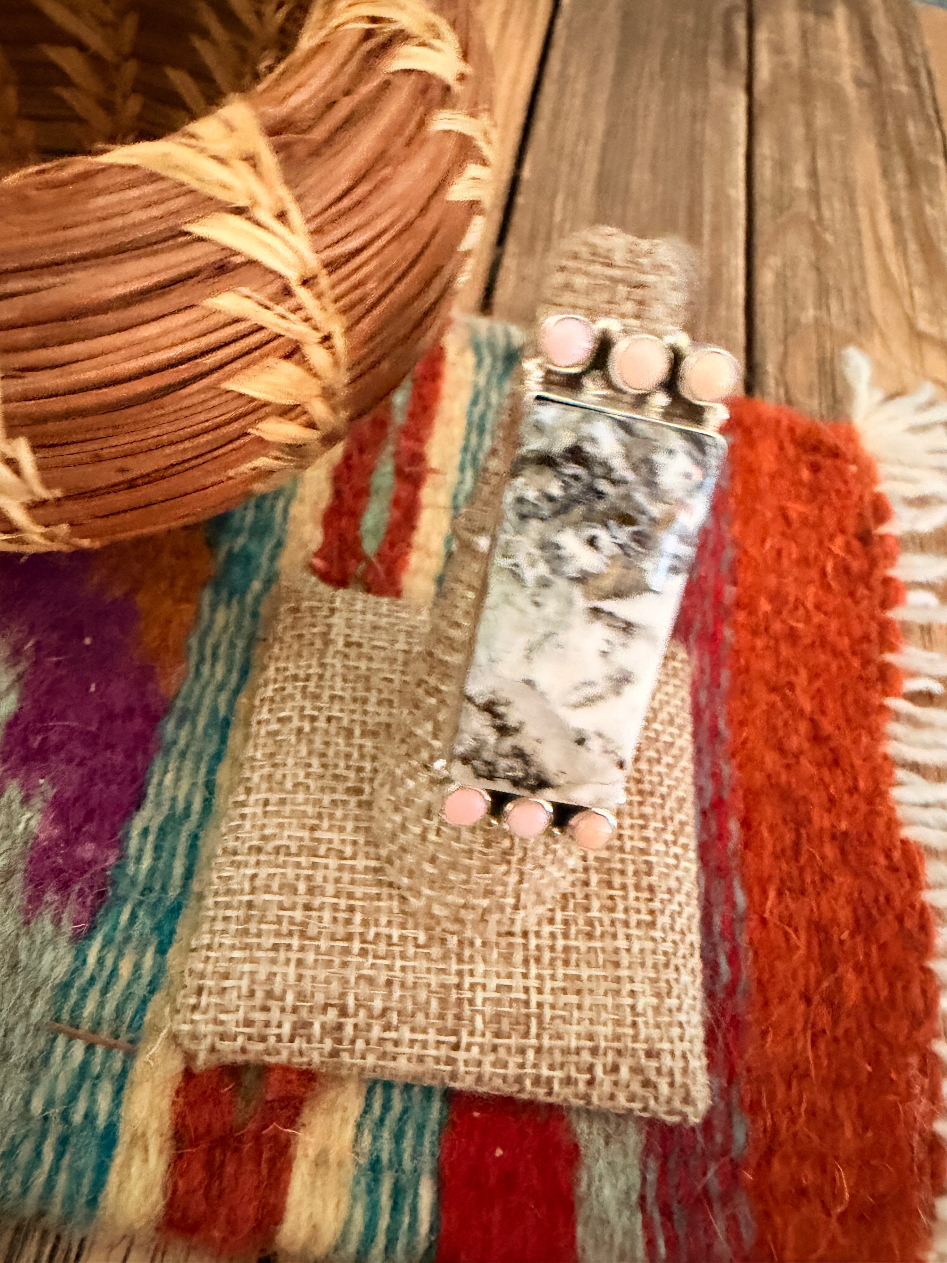 Handcrafted White Buffalo & Queen Pink Conch & Sterling Silver Adjustable Ring
