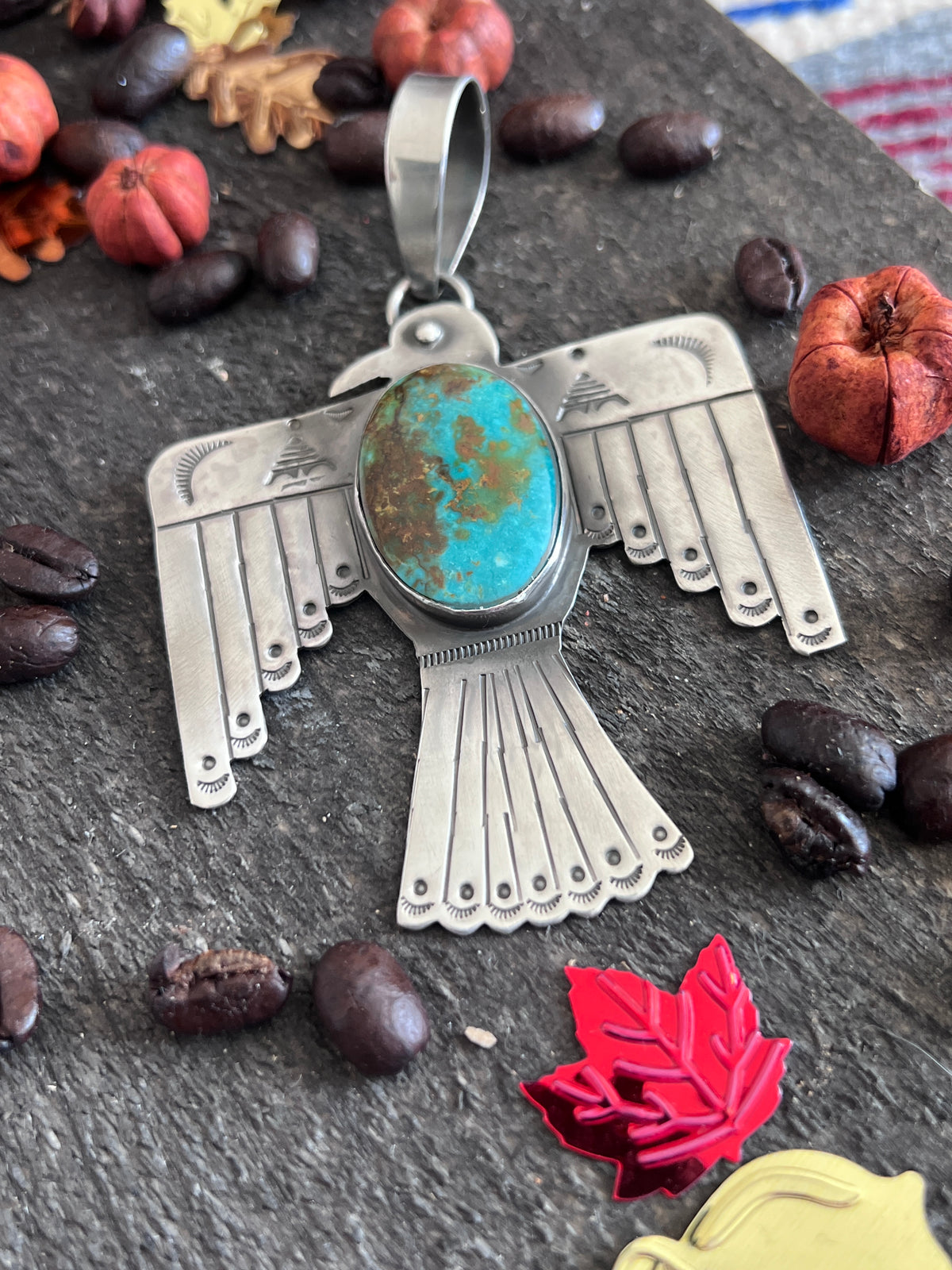 Kimari Somers Hand Stamped Sterling Silver & Royston Turquoise Thunderbird Pendant