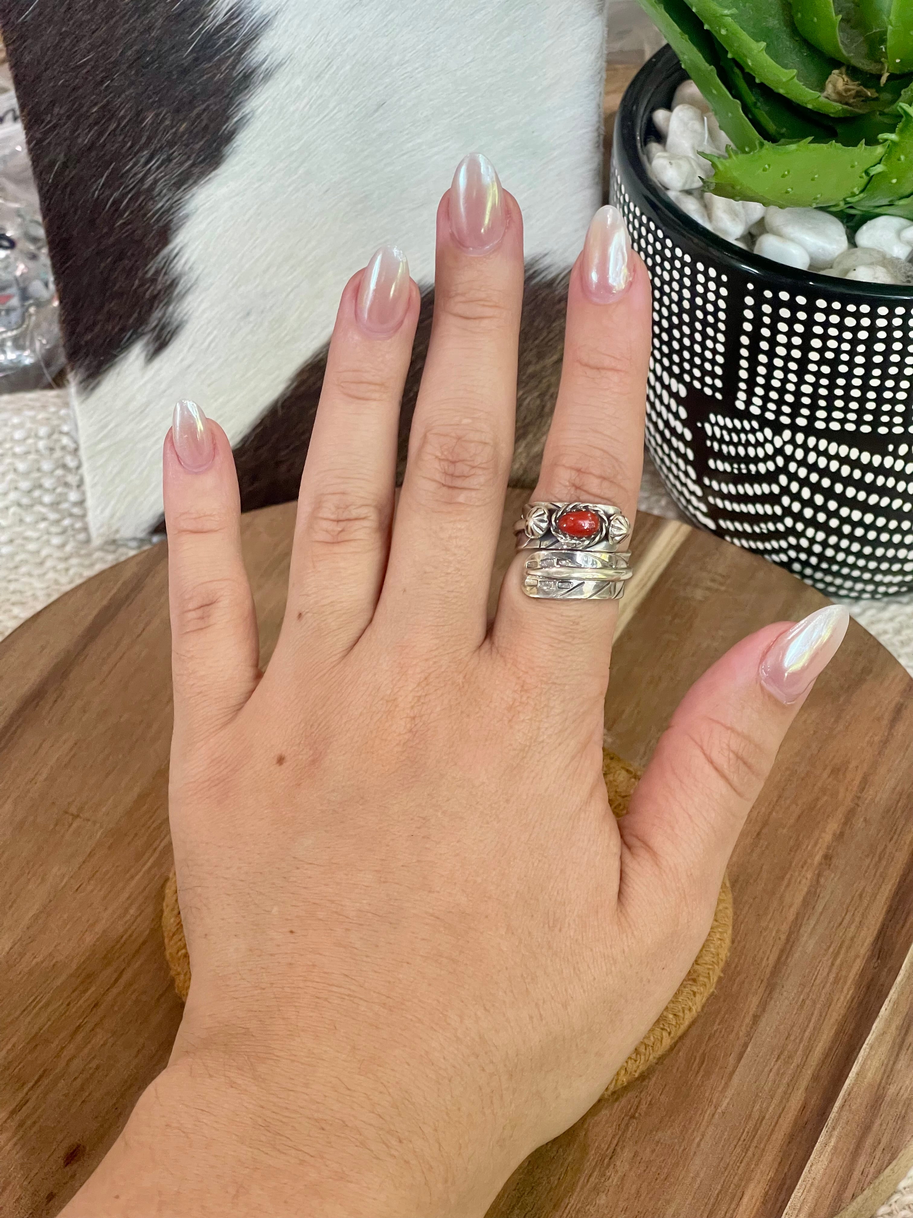 Handmade Sterling Silver & Coral Adjustable Feather Band Ring