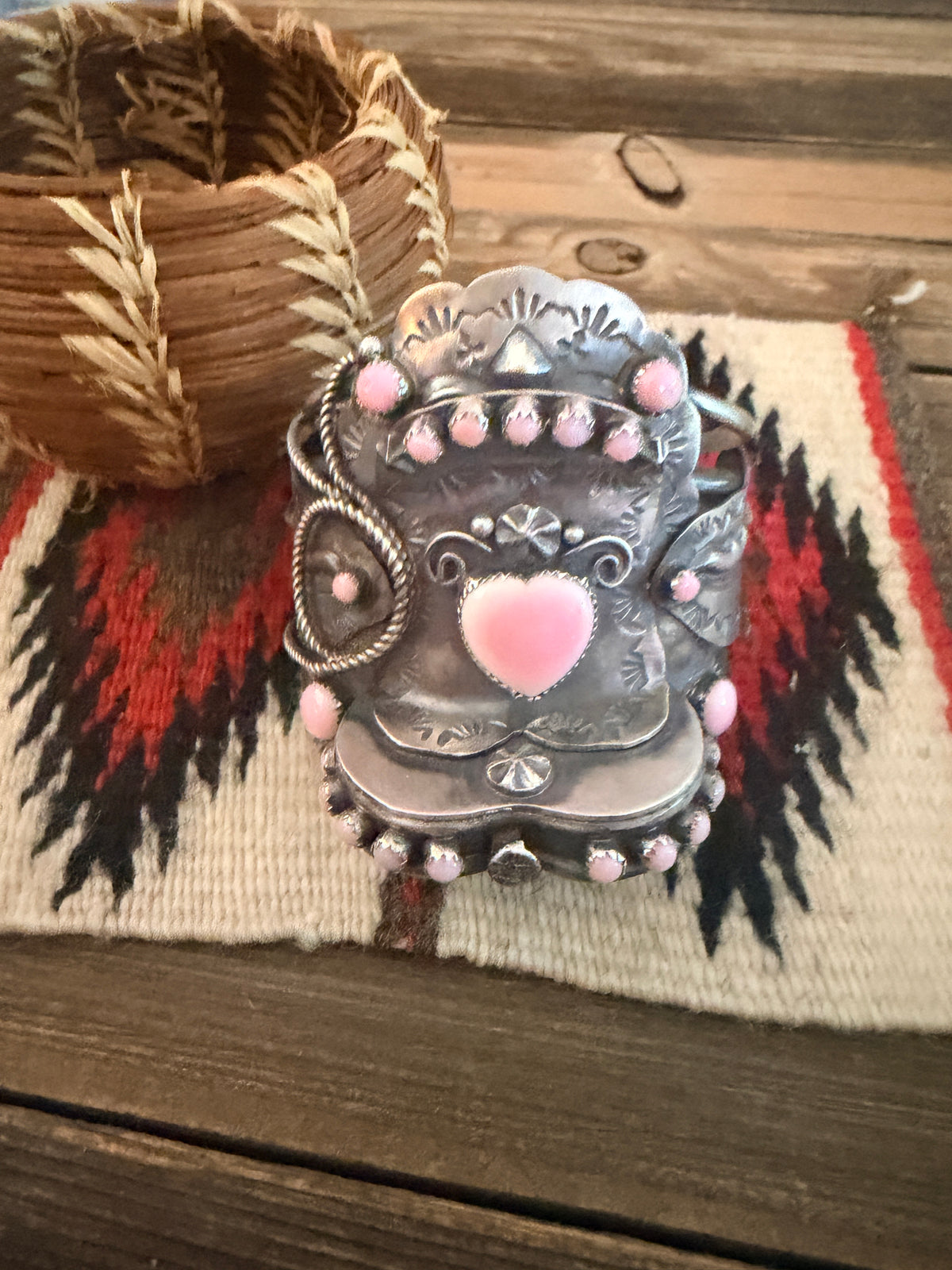 Handcrafted Queen Pink Conch & Sterling Silver Saddle Cuff Bracelet by Tim Yazzie