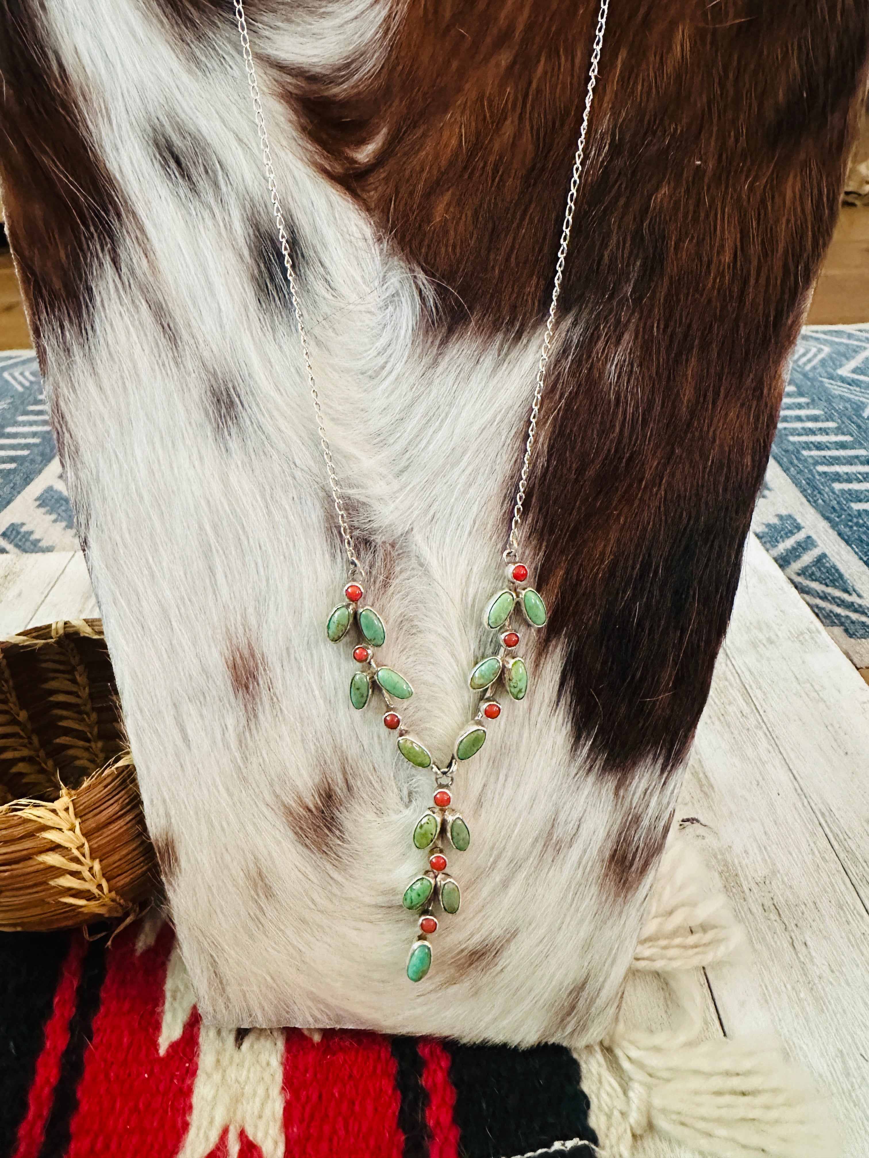 Handcrafted Turquoise, Coral & Sterling Silver Necklace