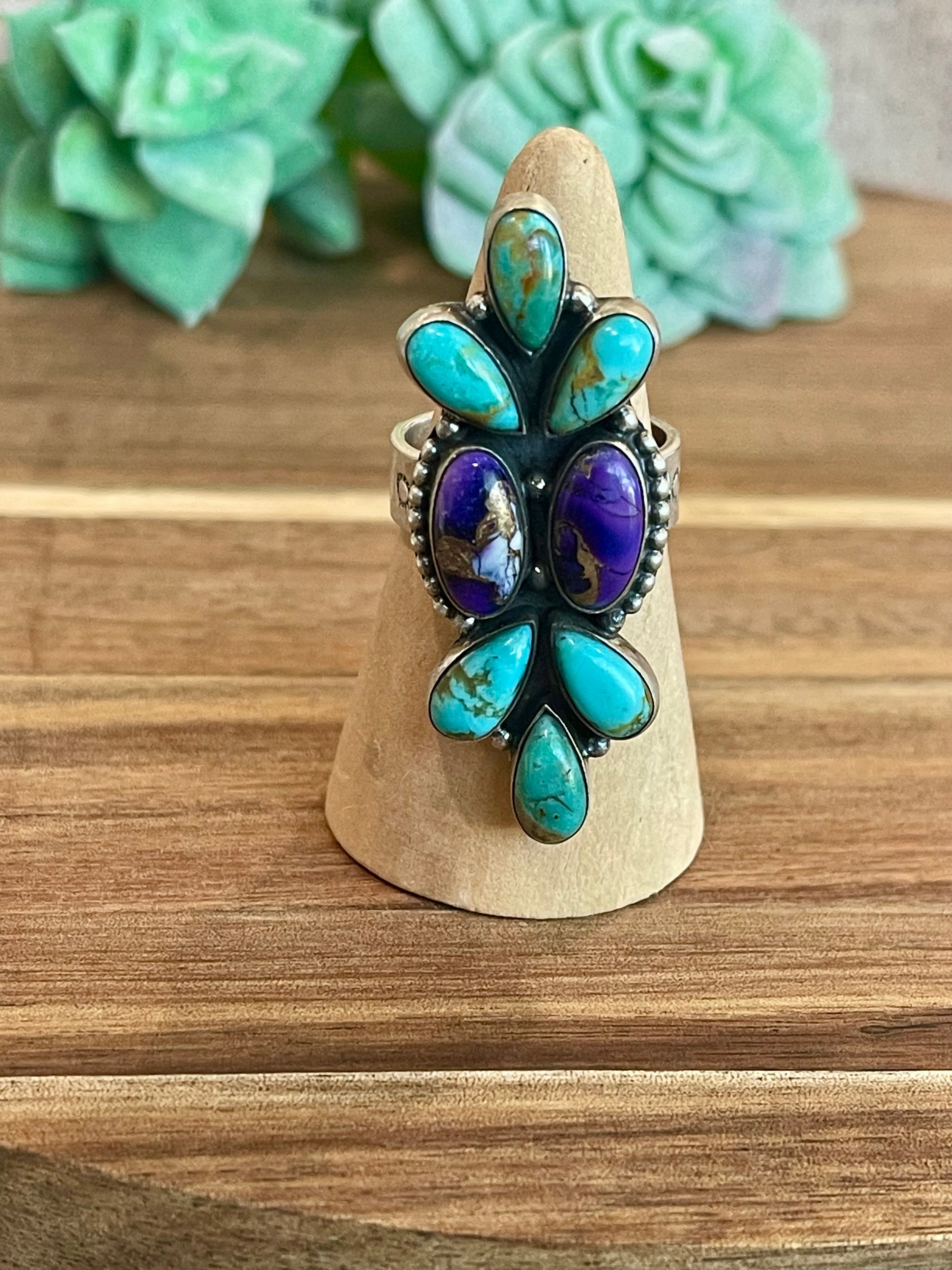 Beautiful Handmade Turquoise, Violet Frost And Sterling Silver Adjustable Ring