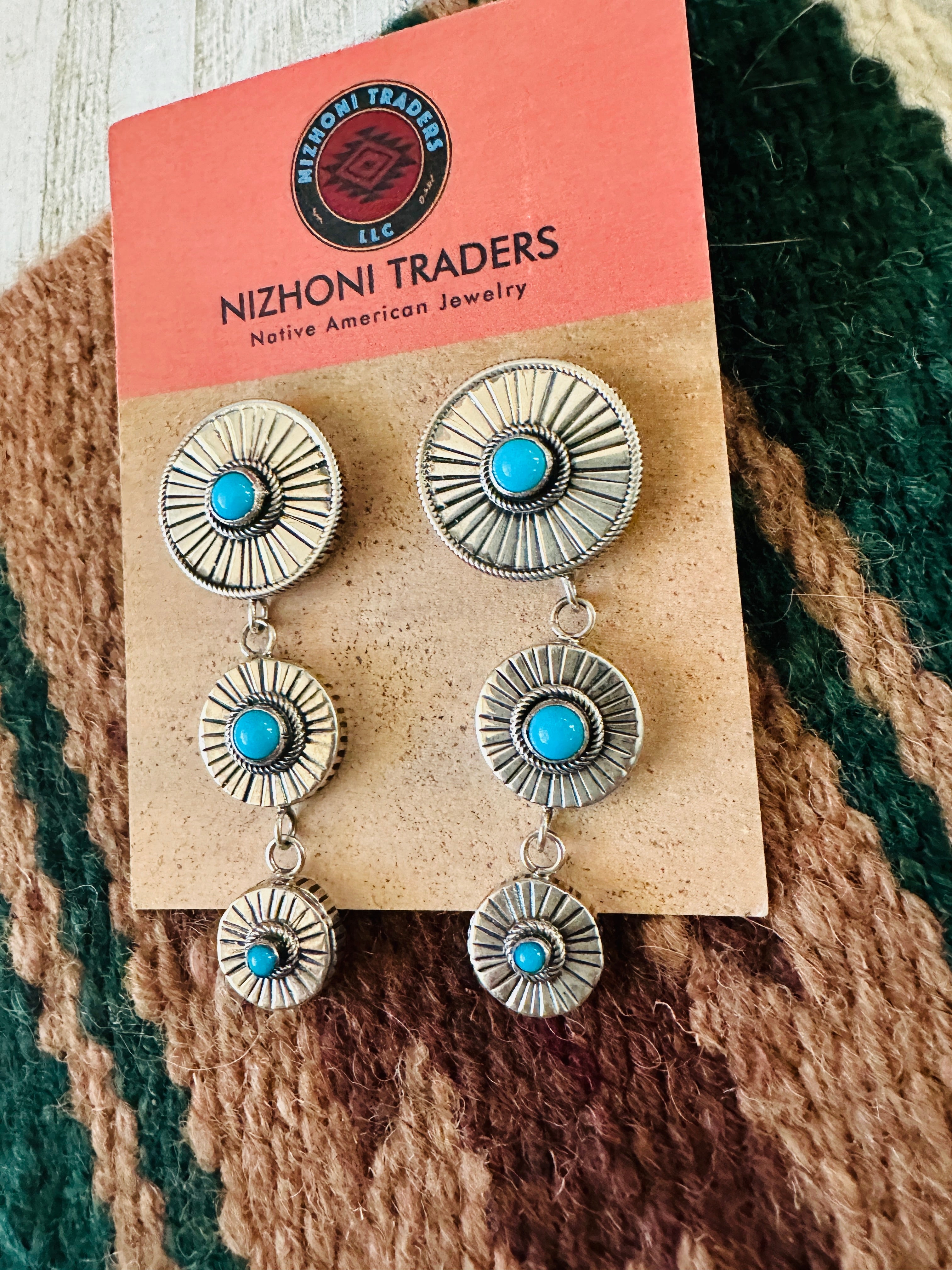 Handcrafted Hand Stamped Sterling Silver & Turquoise Concho Dangle Earrings