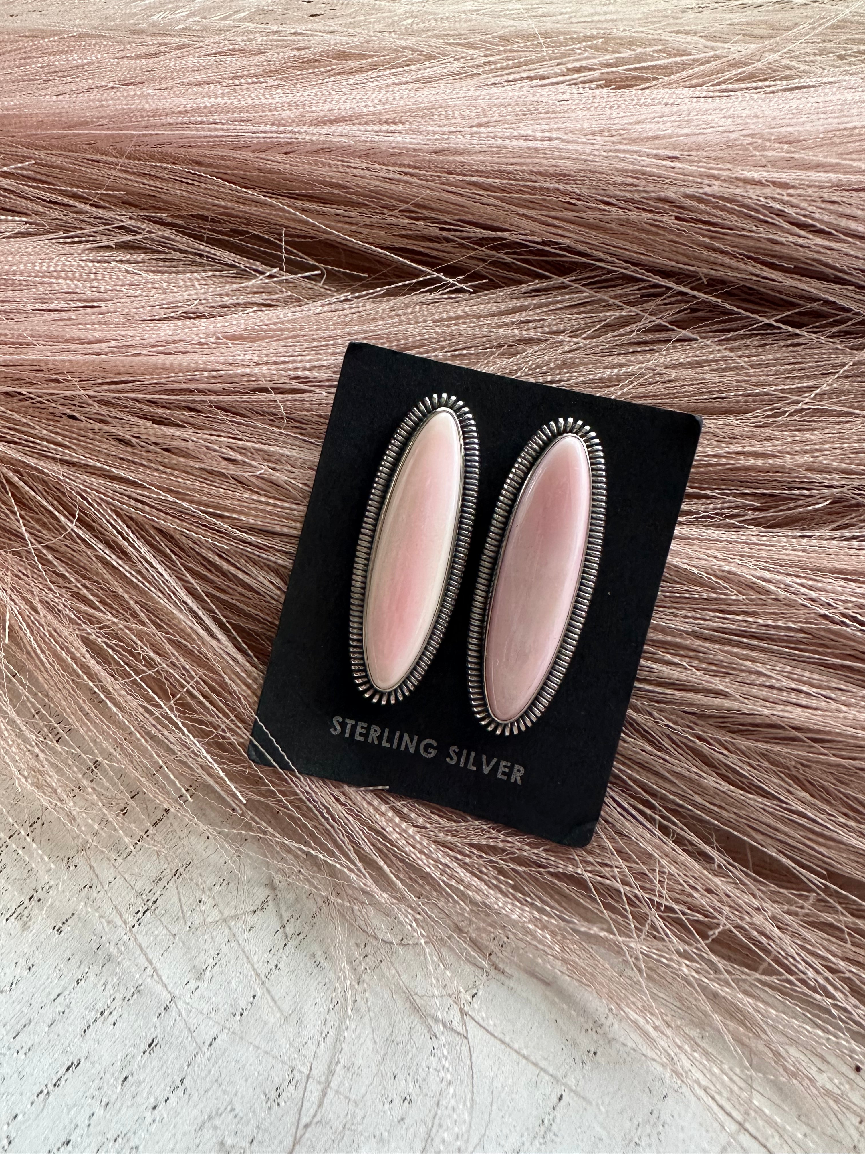 Handcrafted Sterling Silver Pink Conch Oval Post Earrings