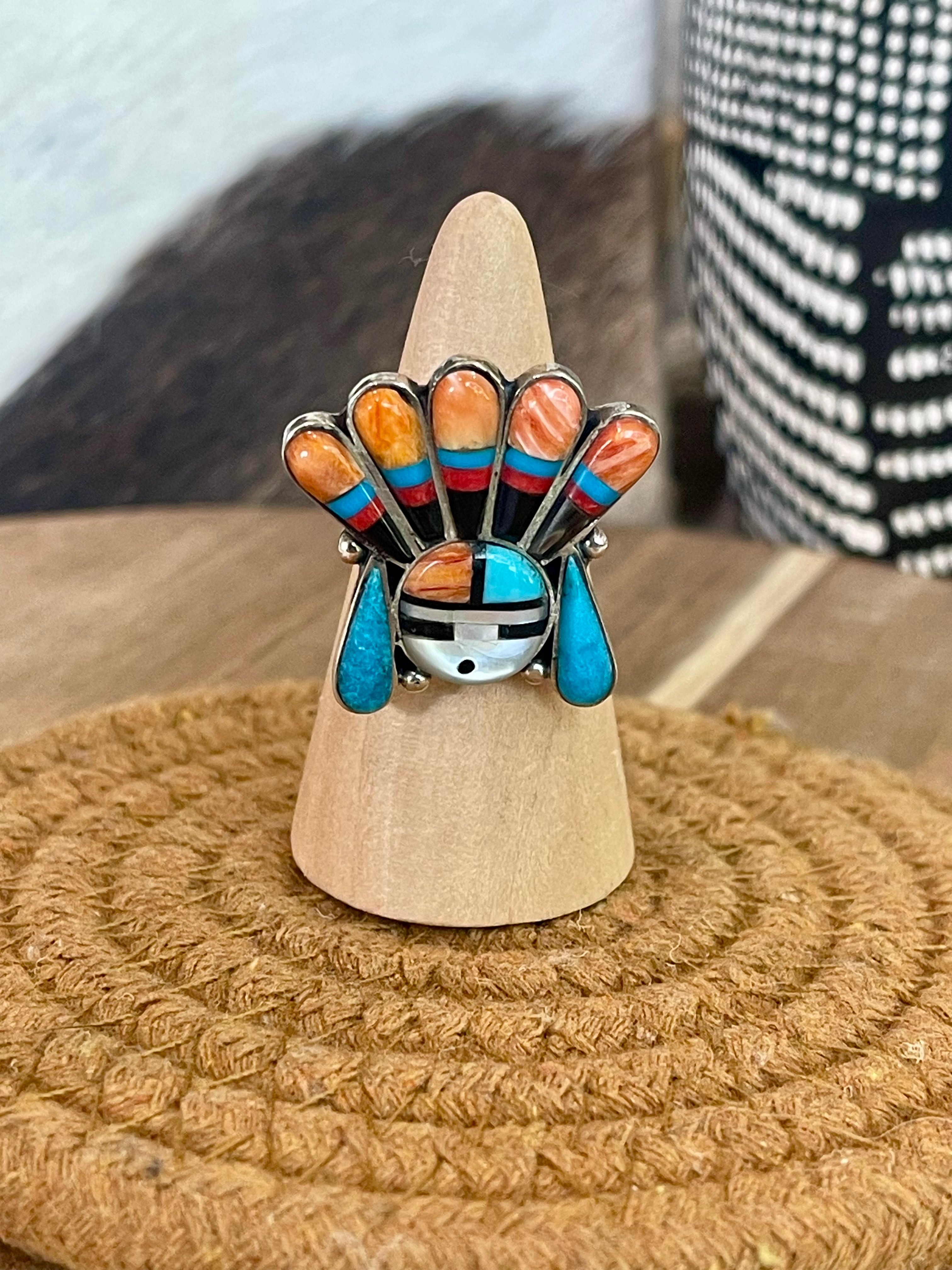 Handmade Sterling Silver & Multi Stone Sunface Adjustable Ring