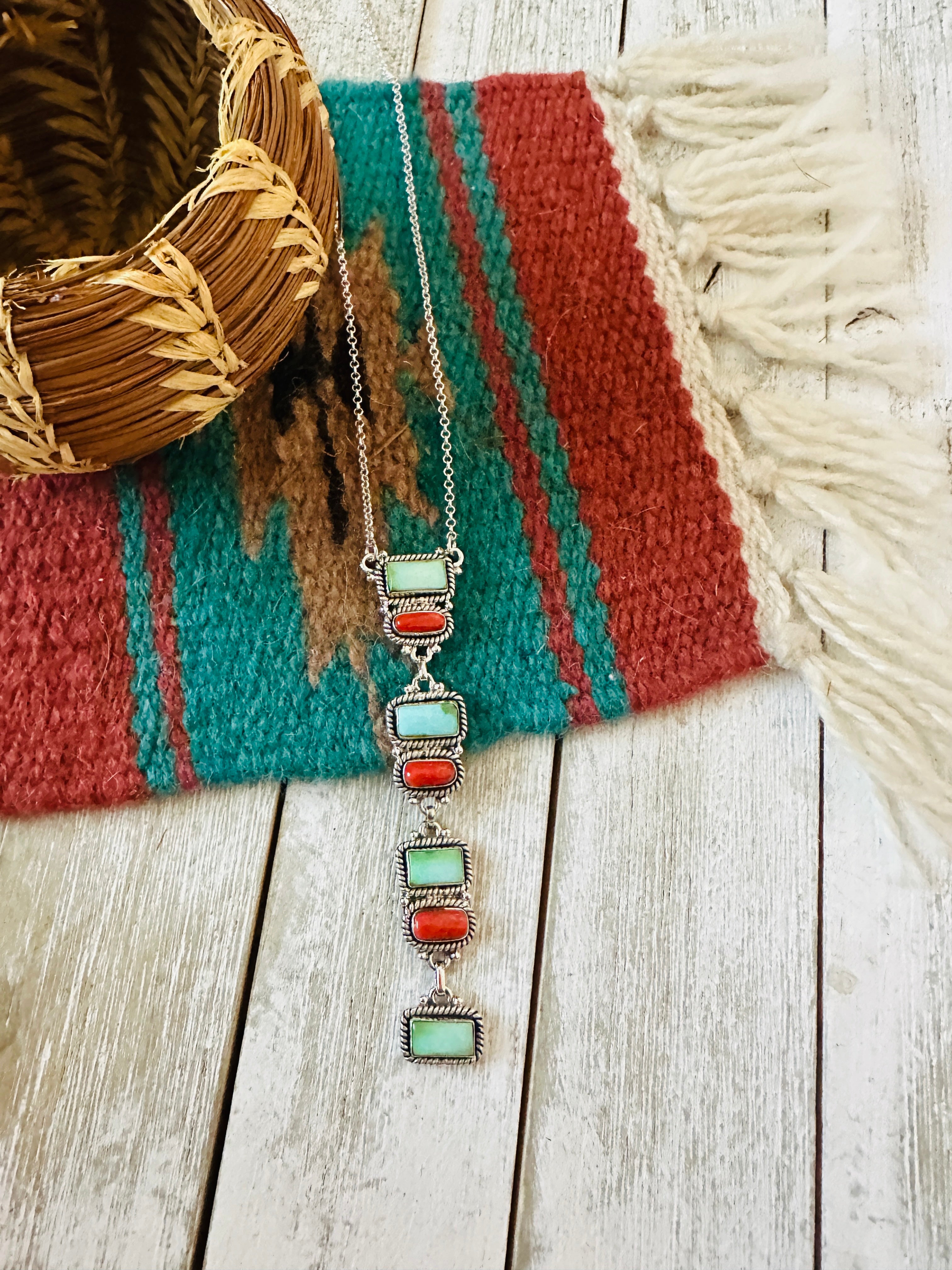 ** Christmas Collection ** Handmade Sterling Silver, Turquoise & Coral Necklace Signed Nizhoni