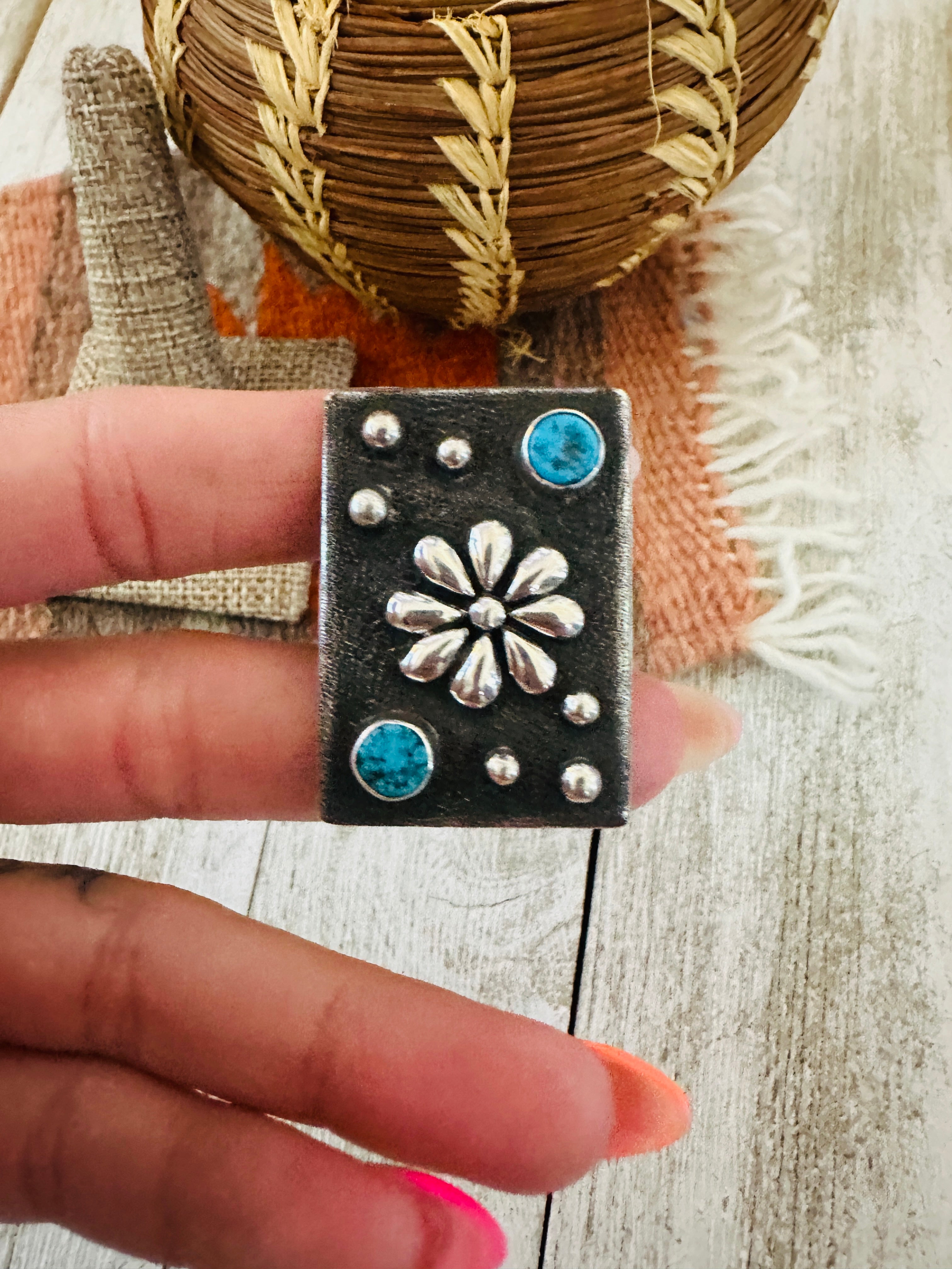 Handcrafted Sterling Silver & Studded Flower Turquoise Ring Size 8