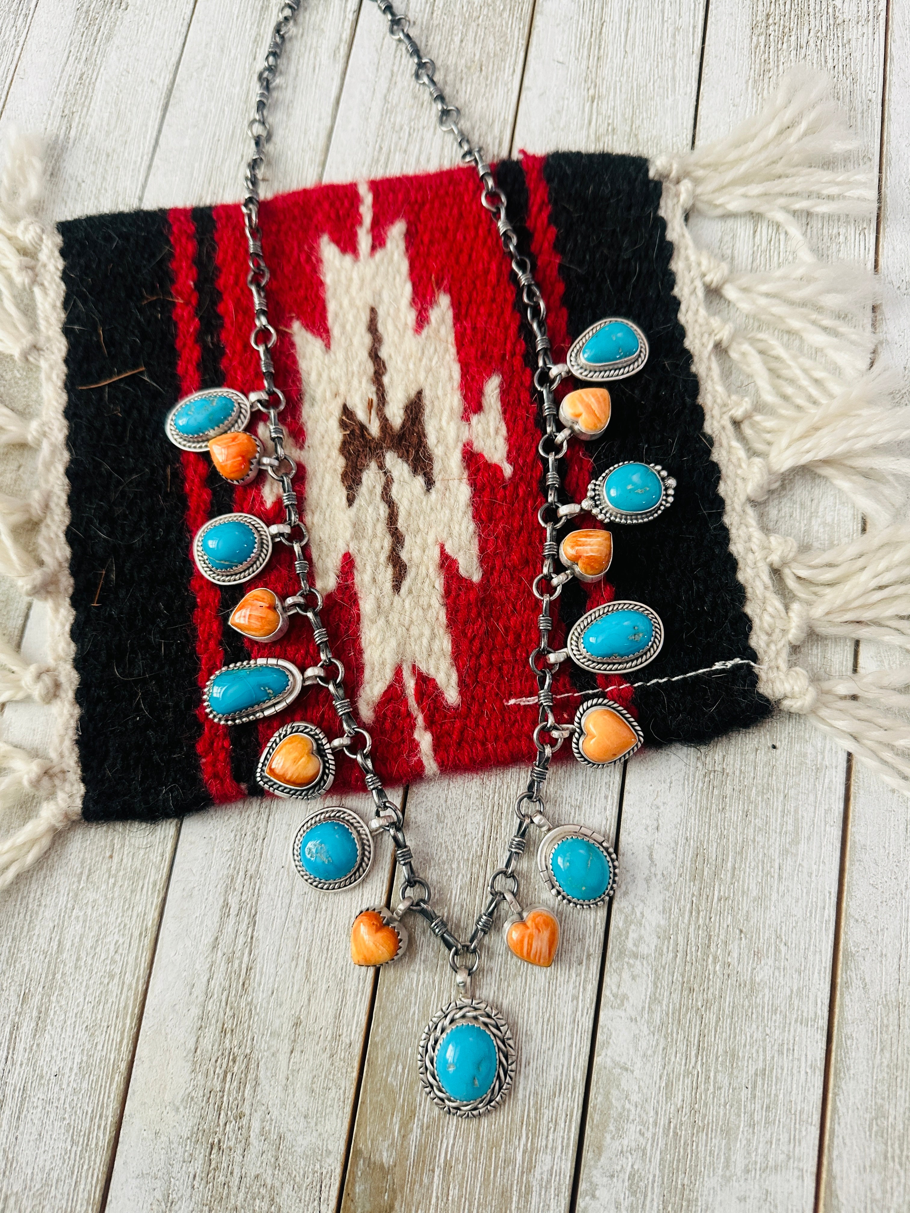 Navajo Sterling Silver, Turquoise & Spiny Heart Necklace, Signed RY