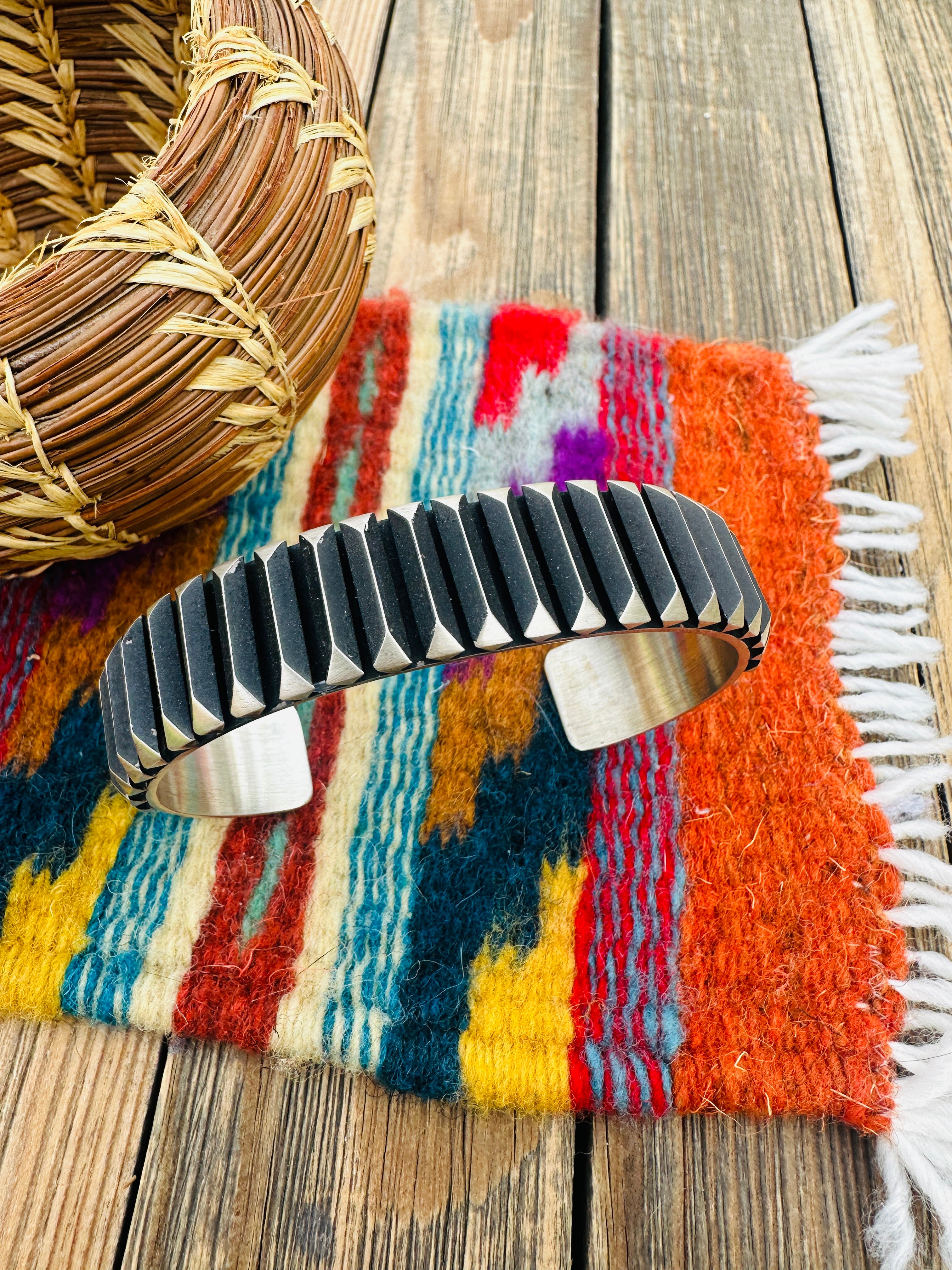 Hand Stamped Sterling Silver Cuff Bracelet by Leander Tahe